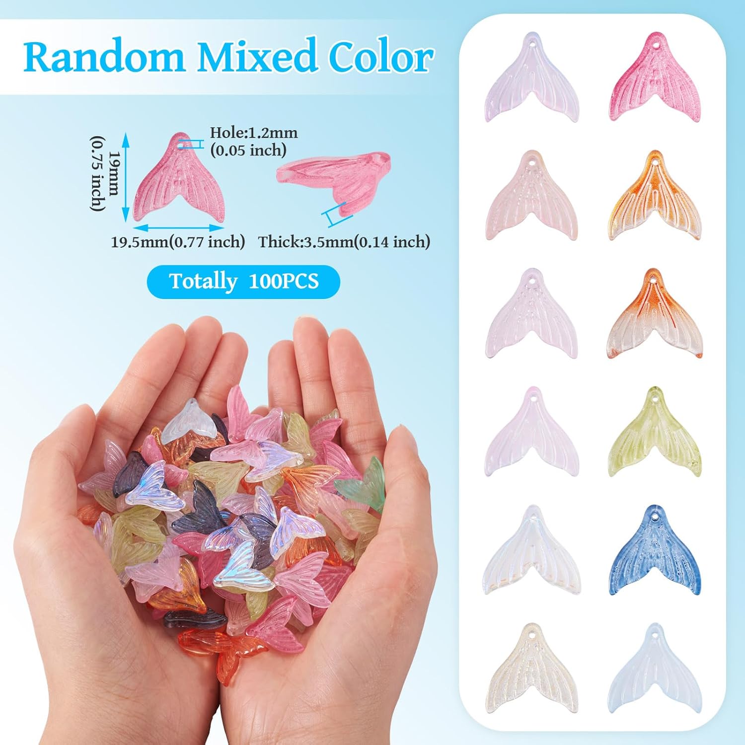 Beadthoven 100pcs Mermaid Fishtail Glass Charm Pendants Assorted Colors Sea Animal Whale Tail Crystal Glass Pendants for Earrings Keychain Bracelet Necklace Jewelry Making DIY Crafts Supplies 19mm - Image 2