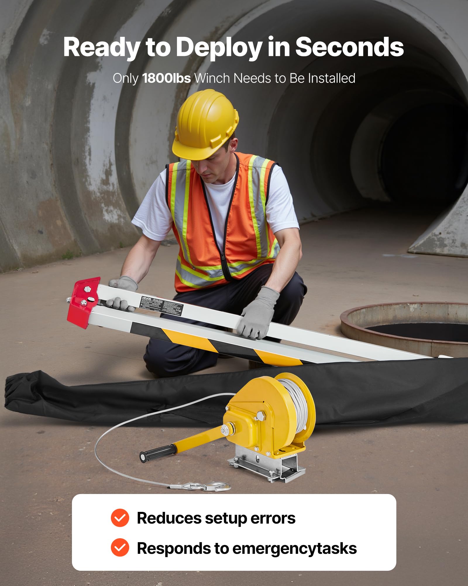 VEVOR Kit Treppiede per Spazi Confinati, Paranco di Sollevamento per Treppiede di Salvataggio per Impieghi Gravosi, Verricello da 816 kg, Lunghezza Gambe Regolabili da 1,34 a 2,15 m, Cavo da 19,8 m