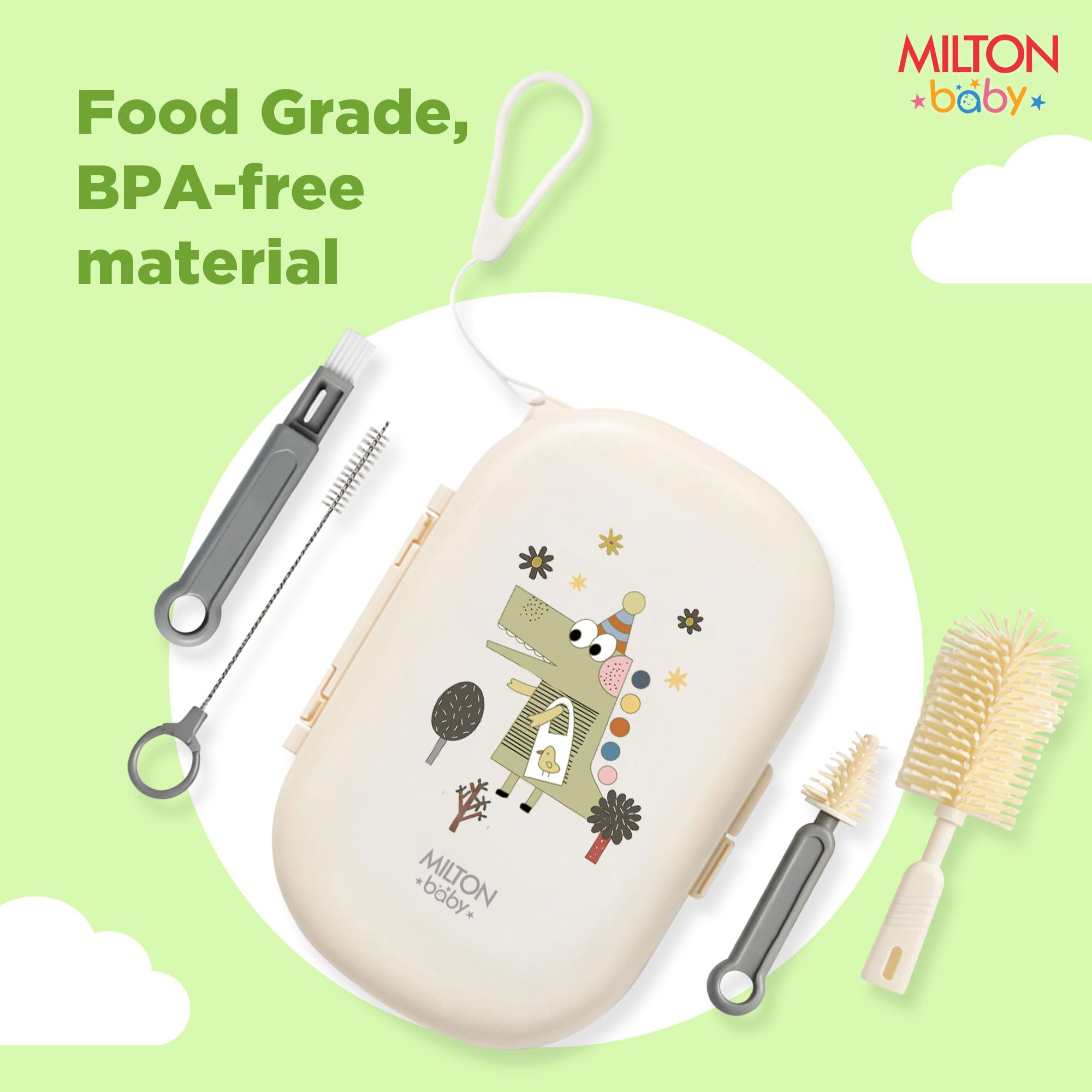 Milton Baby 5-in-1 Travel Bottle Cleaner Kit I Bottle, Nipple & Straw Cleaner I BPA Free - Food Grade Silicone Brush,Compact Soap Dispenser,Drying Rack,Home And Travel Essential,Crocodile Print, Cream 3