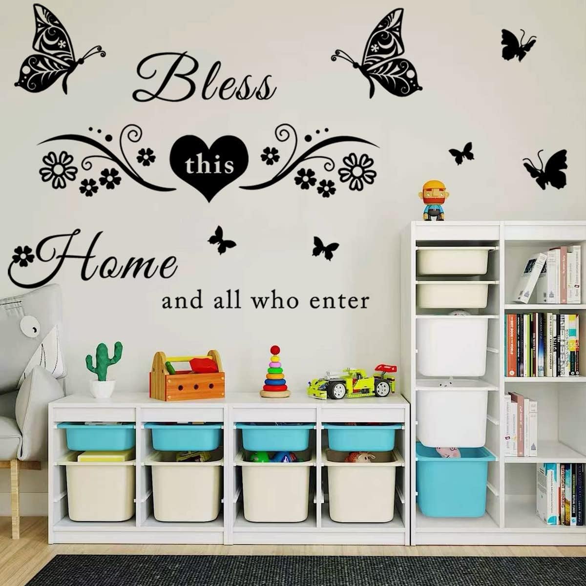 Vinyl Wall Stickers Quotes Art Decal Sticker Bless This Home and All Who Enter Wall Decals Flowers Butterfly Wall Decor Sticker for Entryway Living Room Home Decor