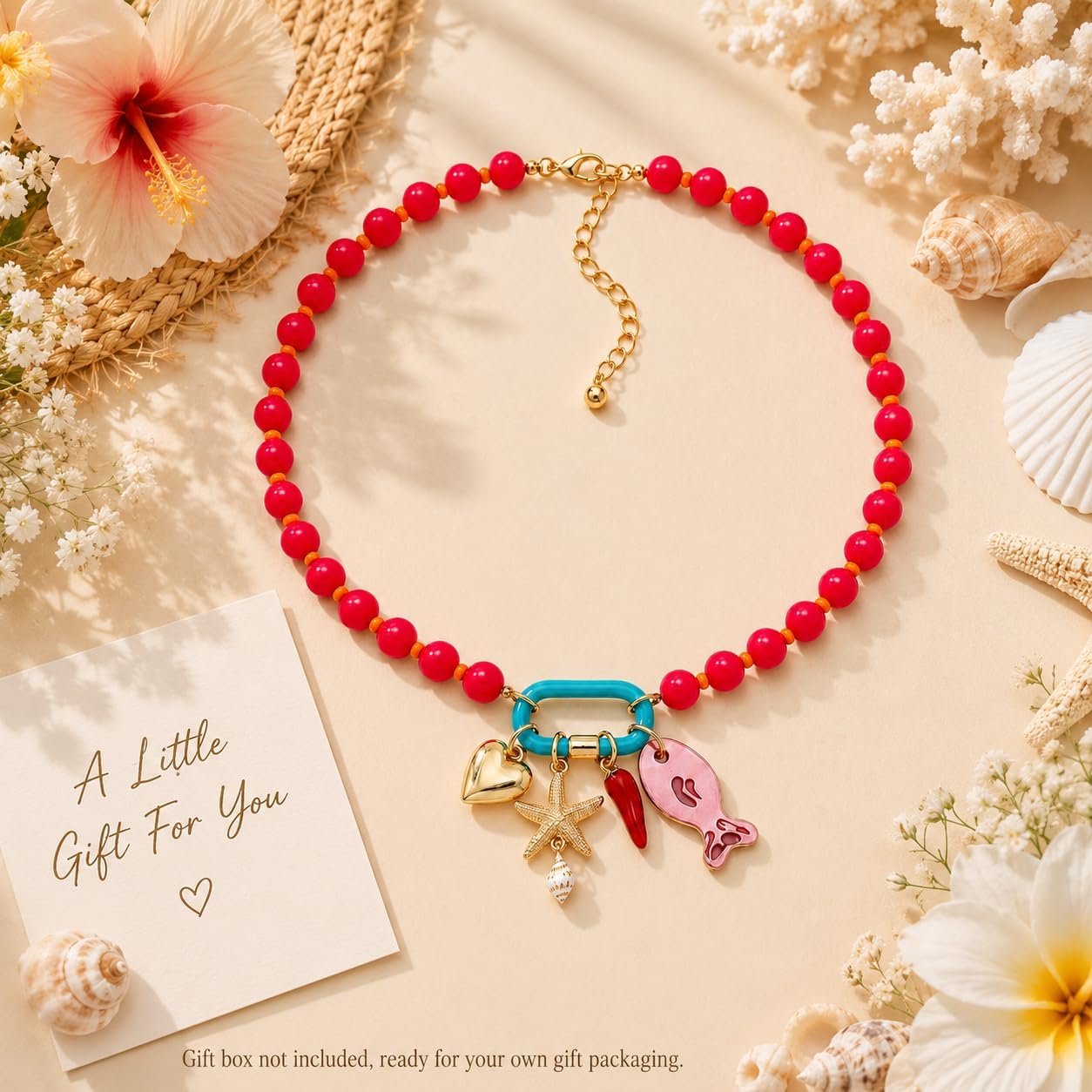 LIU JUN Colorful Beaded Necklace for Women, Chunky Boho Fish Starfish Conch Pendant Acrylic Bead Necklaces Cute Y2K Summer Beach Jewelry Gifts