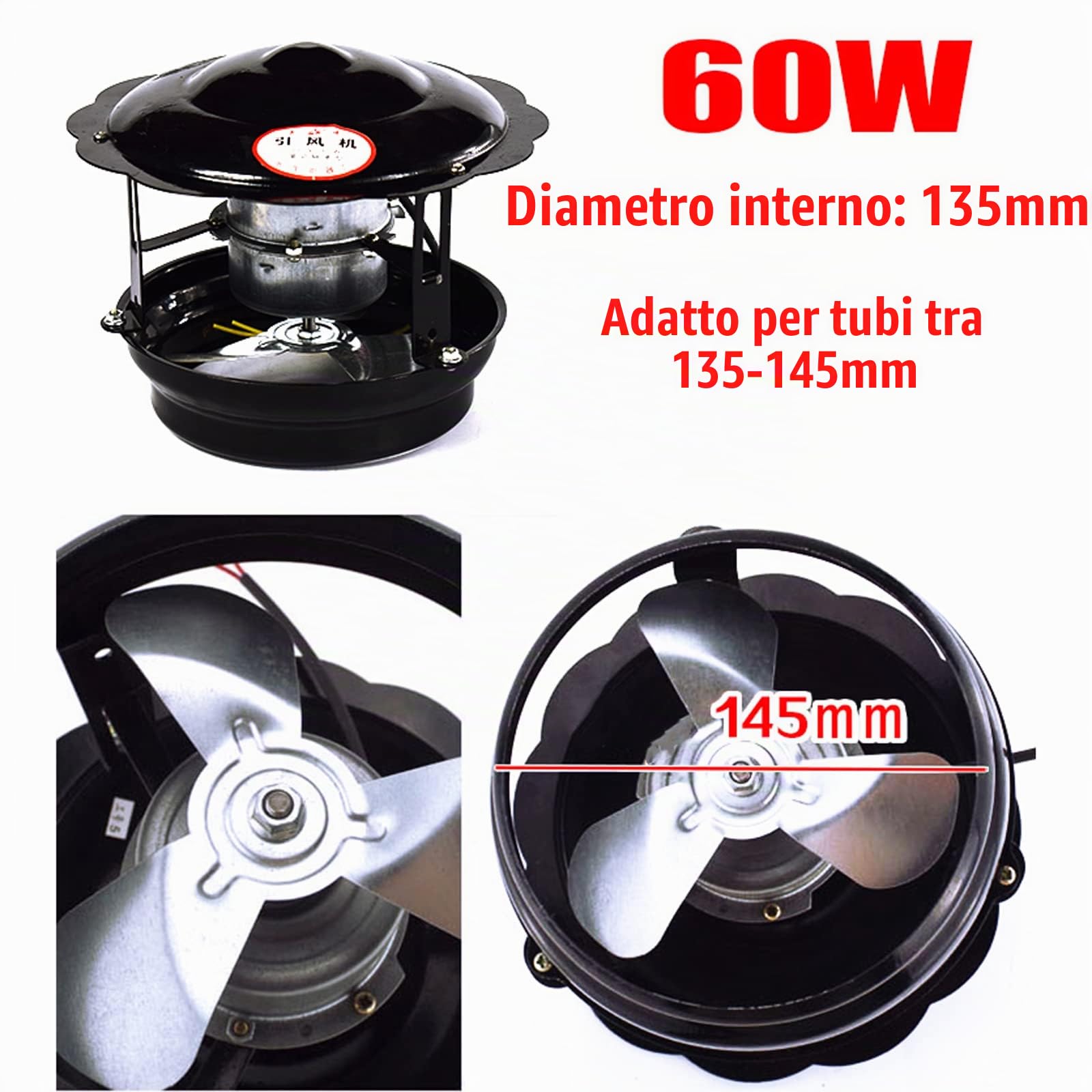 Aspiratore di Fumo per Camino, 50W/60W/100W Aspiratore per Camino Aspiratore per Canna Fumaria Induttore di Tiraggio per Camino Aspiratore per Camino per Camino(Nero),60w