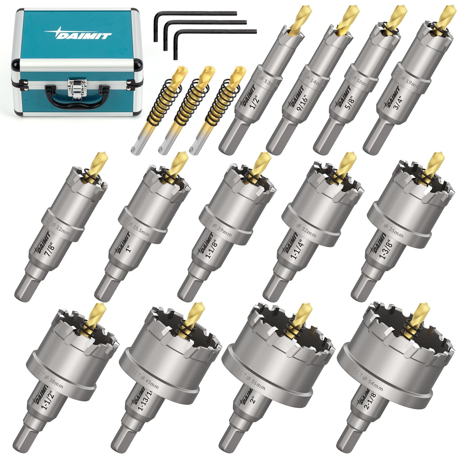 DAIMIT Kit seghe a tazza TCT 19pz, 13–54mm Seghe a tazza in carburo di tungsteno resistenti per metallo, acciaio inossidabile, ferro, legno e plastica, con 3 punte pilota rimovibili e 3 chiavi Allen