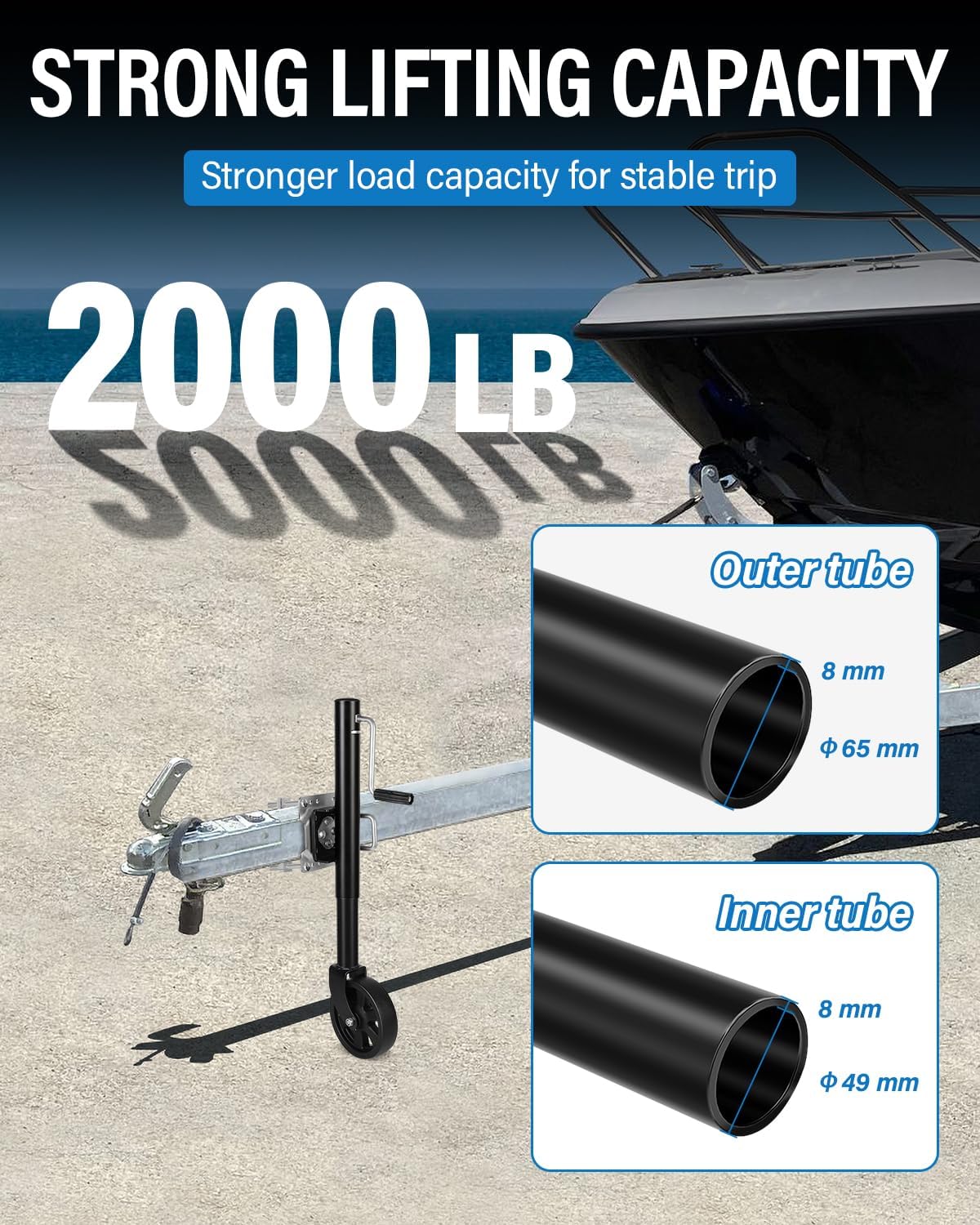 FAHKNS Trailer Jack with Wheel 2000 lbs, 8" Single Wheel Boat Trailer Swivel Jack, 13" Lift Heavy Duty RV Tongue Jack for Boat Camper (Black)