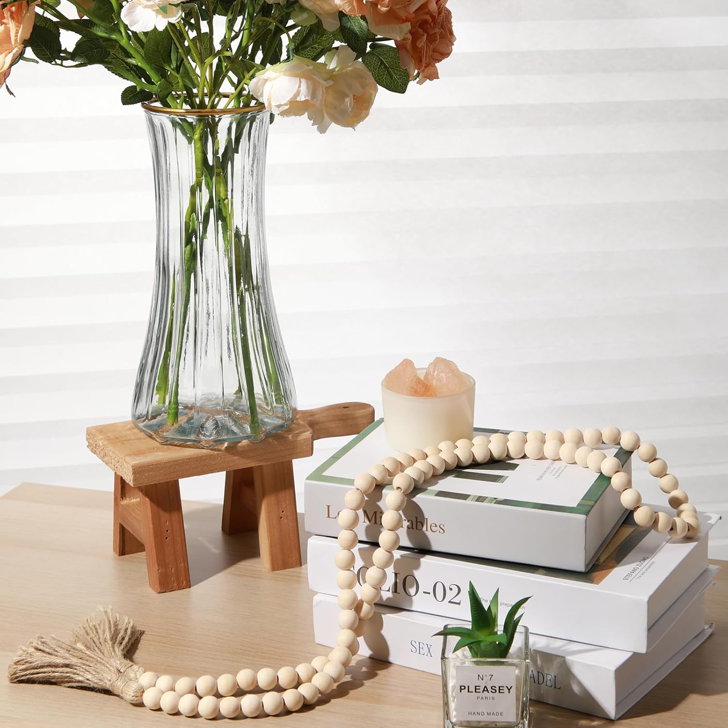 Reallnaive Wood Pedestal with Handle and Farmhouse Beaded Ornaments Pedestal Stand Tray for Kitchen Counter Bathroom Soap Towels Jewelry Candles Table Decor(Brown)
