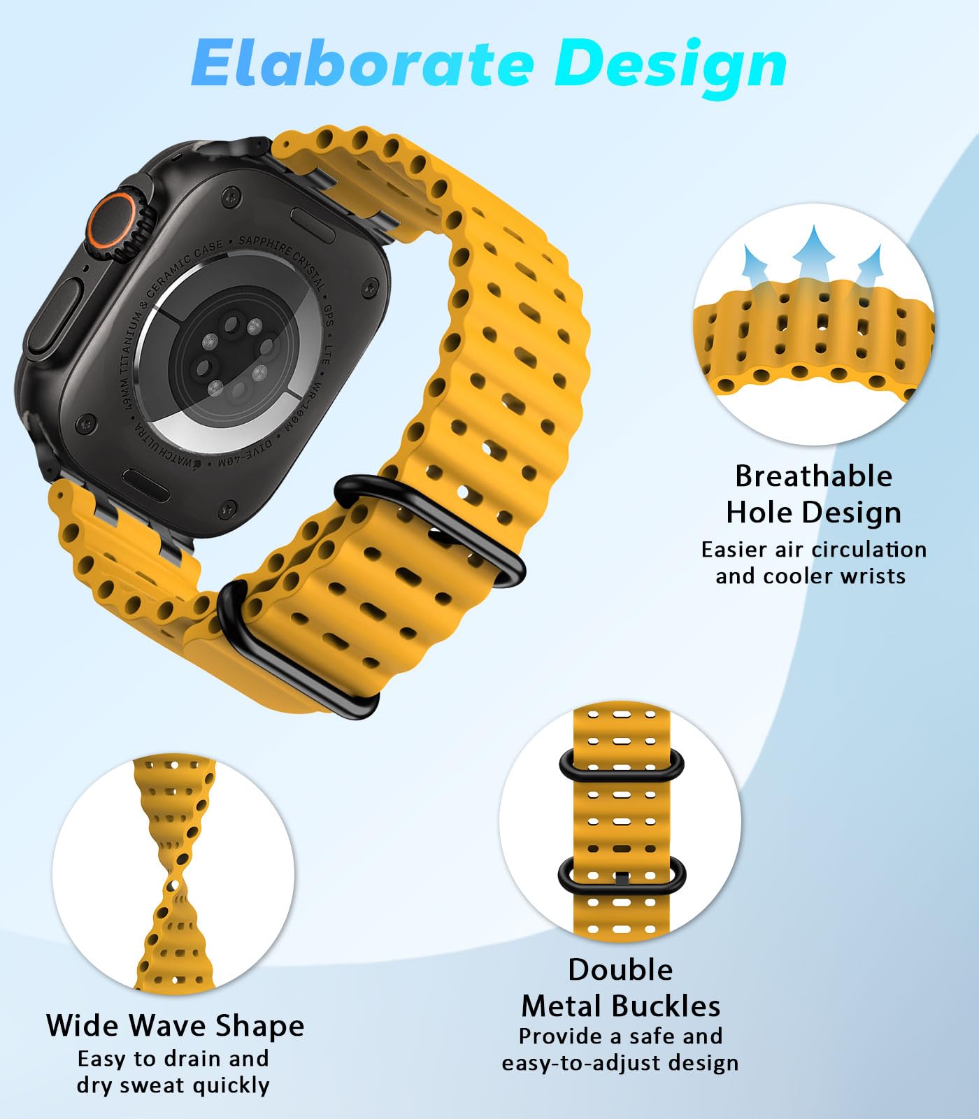 Astorgos Cinturino Ocean compatibile con Apple Watch Ultra 2/Ultra 49mm, S10 46mm, 9/8/7 45mm, SE/6/5/4 44mm, 3/2/1 42mm, Cinturini Sportivo con Connettore in Metallo per Uomo e Donna