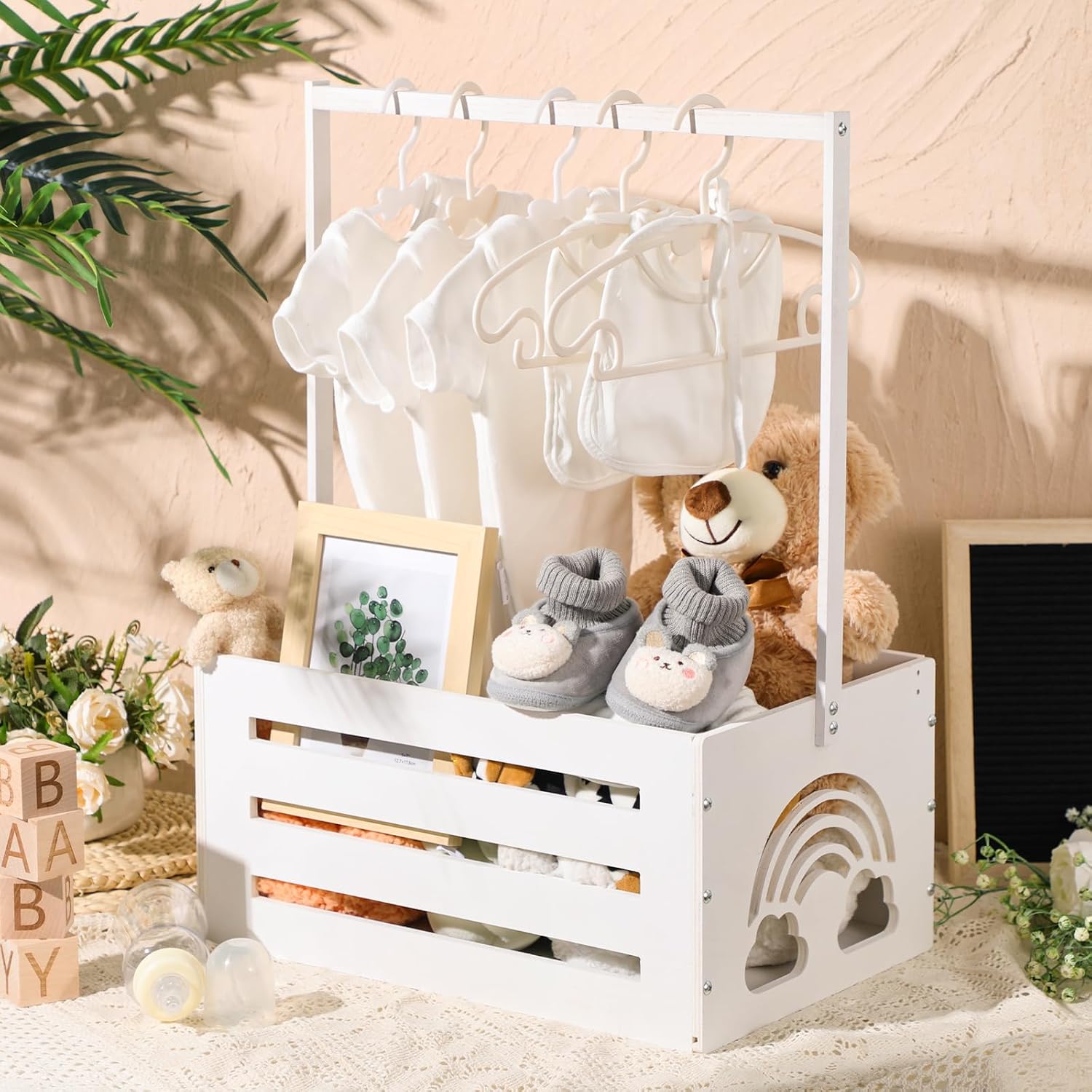 Yerliker Wooden Baby Shower Crate Closet Baby Shower Gifts Basket Storage Crate Hamper with Handle Personalized Basket for Newborn Boys Girls Pregnancy Gifts(White,Cloudy, Rainbow)