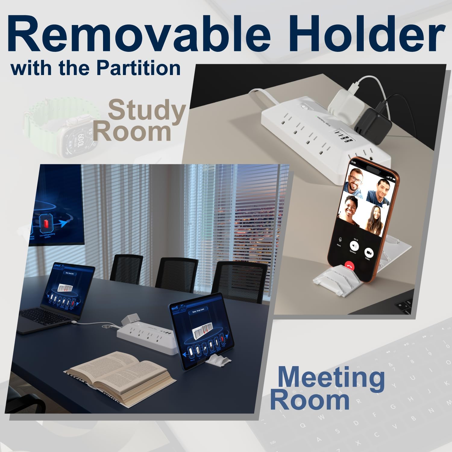 Surge Protector Power Strip with USB Ports, 12 Outlets 2 USB-C 2 USB-A, 6 Ft Flat Plug Extension Cord, Multi Plug Outlet with Phone Holder for Desk, Office, Home, Dorm, UL Certification (White)