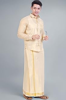 Men's Traditional Indian Shirt and Dhoti Set, Full Sleeves Tissue Silk Cotton Shirt With Dhoti 2 metres for men