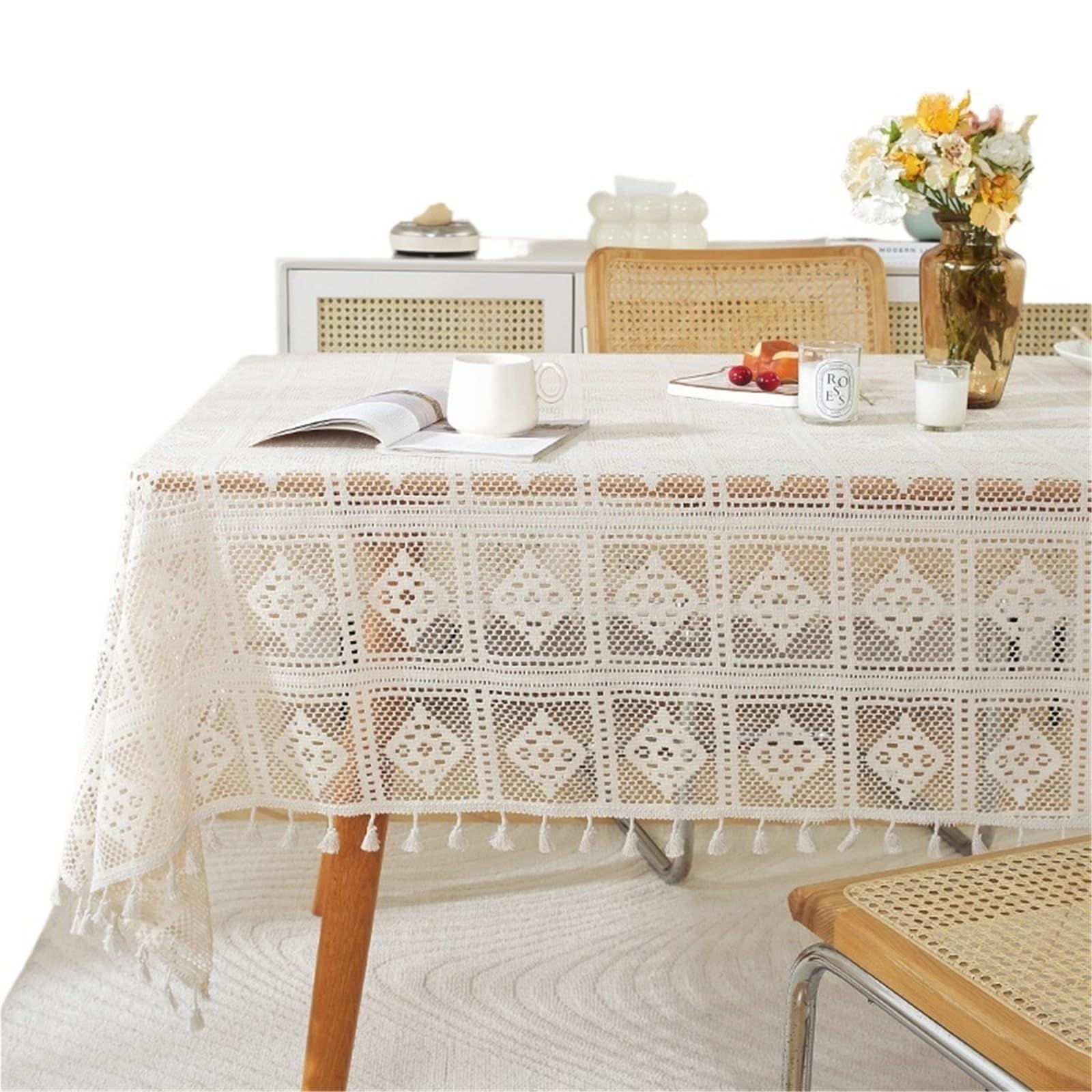 HYFEUOKF Lace Tablecloth Retro Crochet Hollowed Out Cover Cloth Household Proof Dining Table Fabric Tassel(Beige,140X200cm)