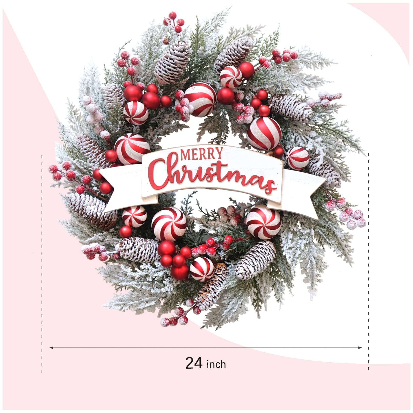 Corona de Navidad artificial de 24 pulgadas para puerta delantera con bolas, bayas, agujas de pino, conos de pino, decoraciones de Navidad para interiores y exteriores, ventana, hogar,