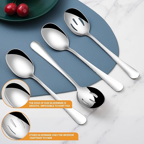 Miniatura 3 de Juego de 4 cucharas de acero inoxidable con acabado pulido de espejo, incluye 2 cucharas de servir y 2 cucharas ranuradas, ideal para bufé, fiesta,