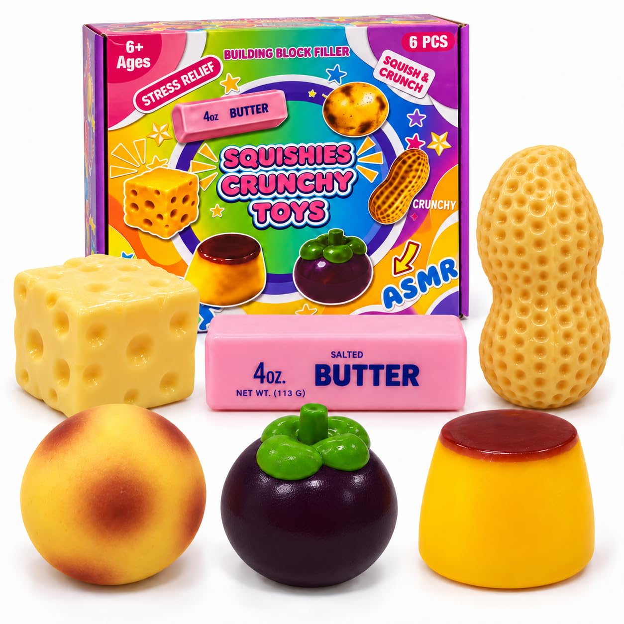 6PCS Crunchy Squishy Fun Box, Realistic Food Shaped ASMR Peanut Butter Squishy Set, Crunchy Squishies Squeeze Cheese for Stress Relief, Novelty Sensory Gift for Adults (A)