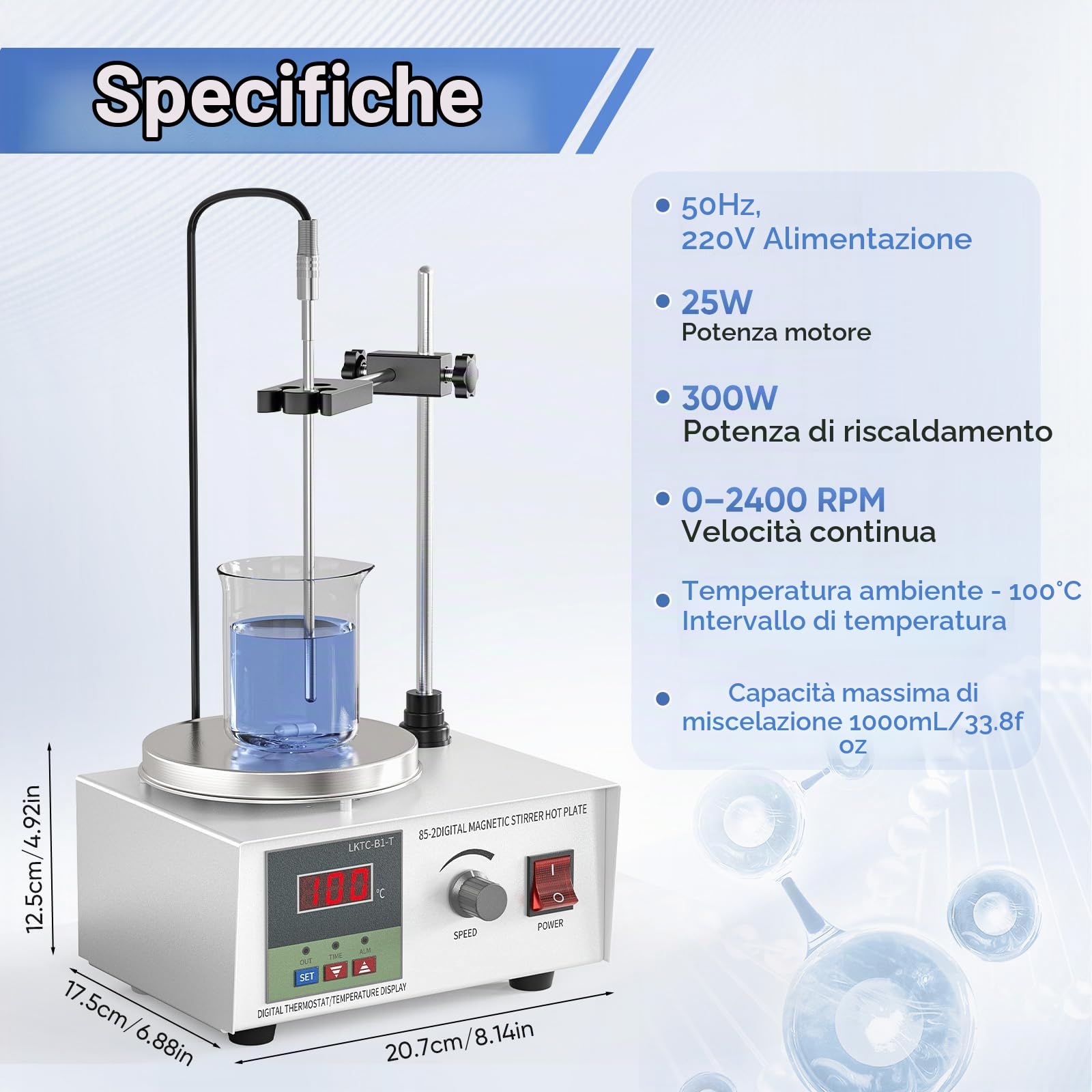 Agitatore magnetico da laboratorio 250W 1000ML con Display Digitale della Temperatura e Regolazione della velocità Miscelatore Magnetico con Piastra riscaldante e Barra agitatrice Magnetica