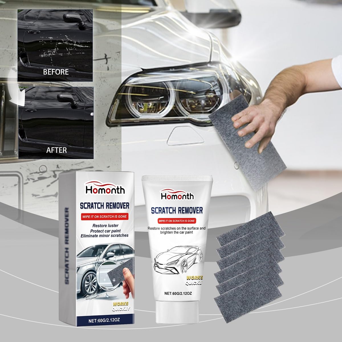 Condition photo showing New/Like New for homonth car scratch remover with polishing pad, professional paint restoration kit, 2.12oz surface repair cream for minor scratches and scuffs