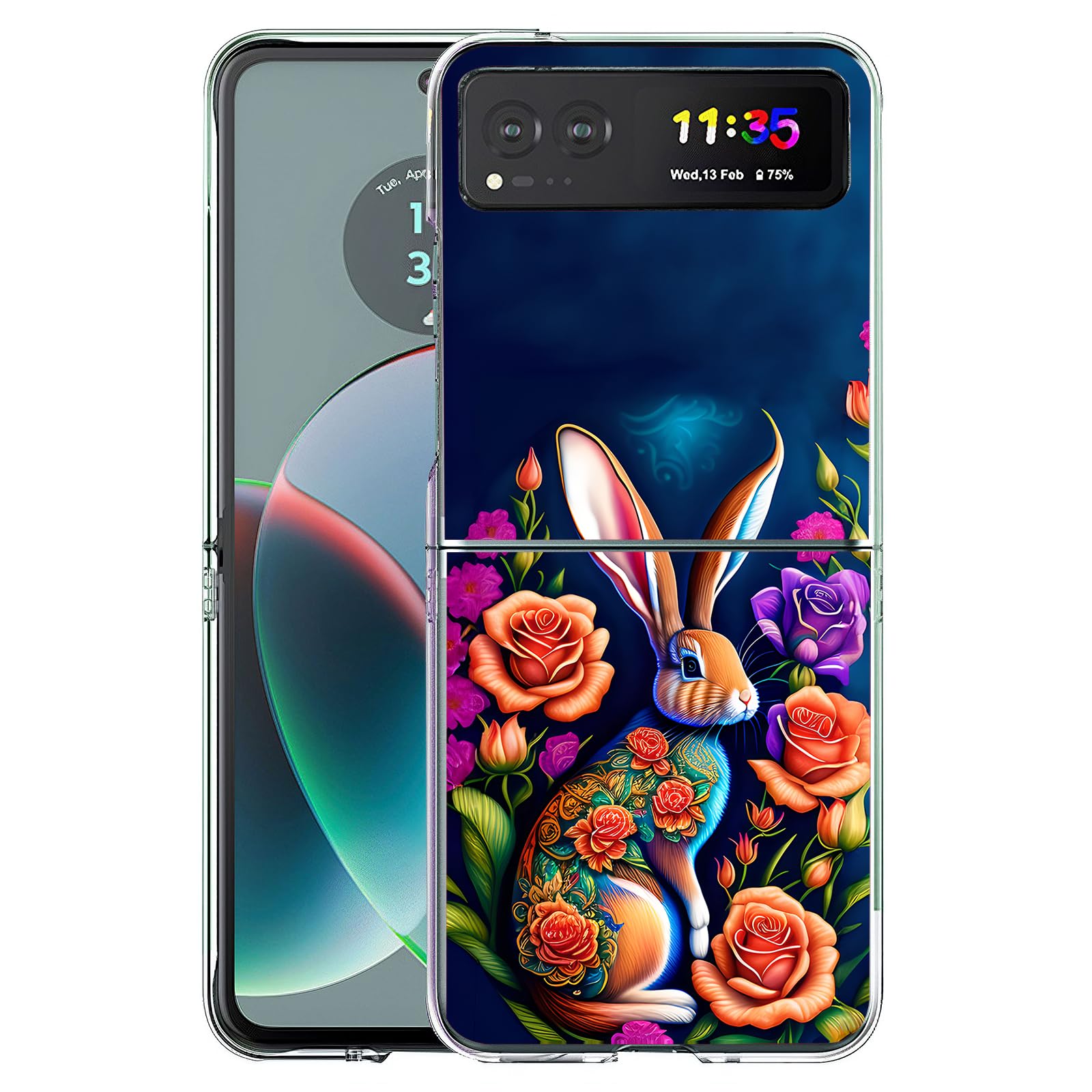 Bcov Case for Motorola Razr 2023 Case,Floral Rabbit Colorful Flowers Anti-Scratch Solid Hard case Protective Shookproof Phone Cover for Motorola Razr 2023