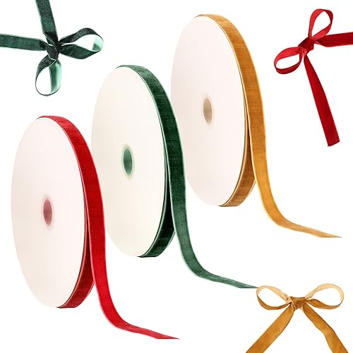 Patelai 3 rollos de cinta de terciopelo de Navidad de 75 yardas, carrete de cinta de terciopelo vintage, rollo de cinta de terciopelo verde, rojo y