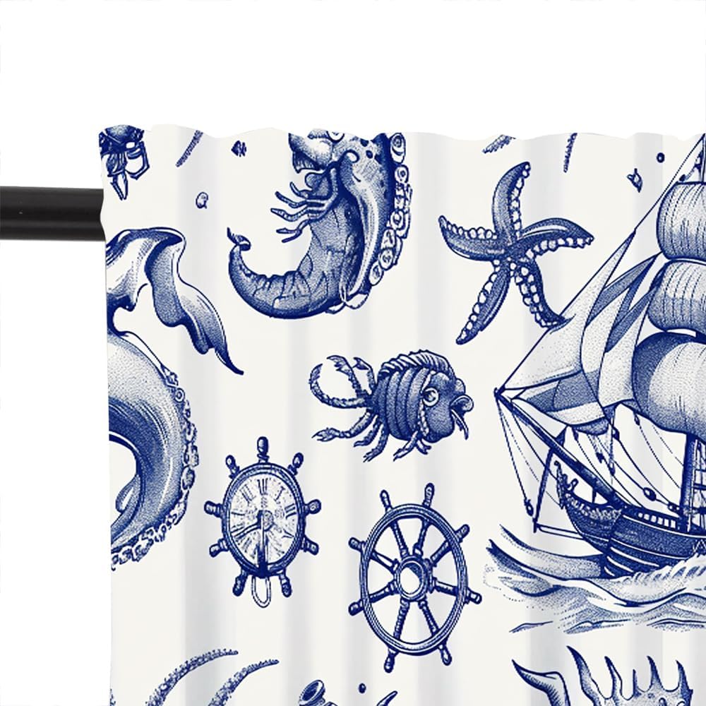 2 Panels Vintage Sailboat Starfish Window Valances, Nautical Compass Pattern Window Treatment Decor Curtains Rod Pocket Valances for Kitchen/Living Room, 54" X 18"