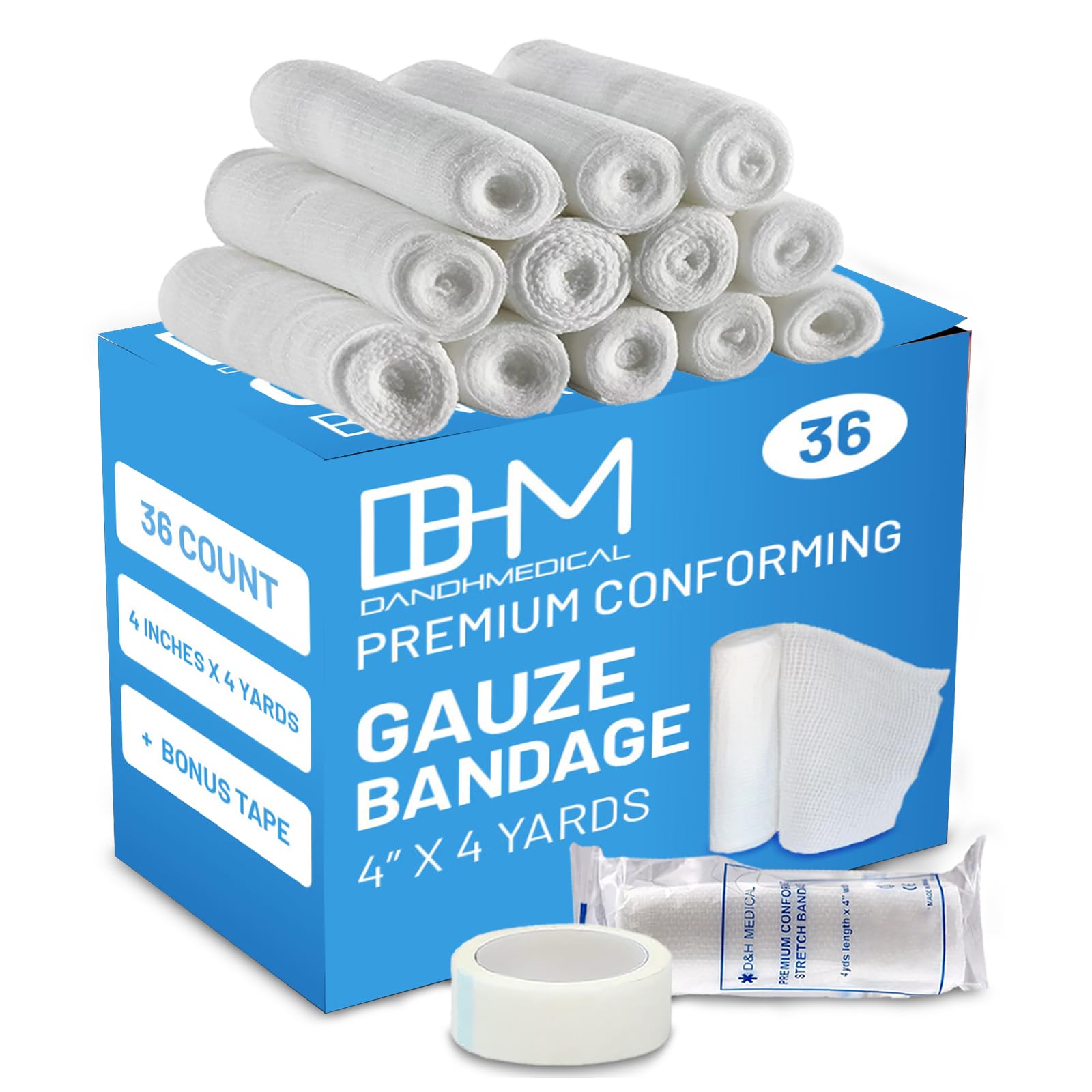 D&H Medical Pack of 36 Gauze Bandage Roll 4 Inches x 4.1 Yards with Tape - Medical Gauze Wrap for Wounds Care - Easy to Use Cotton Rolls for Hand Wrap