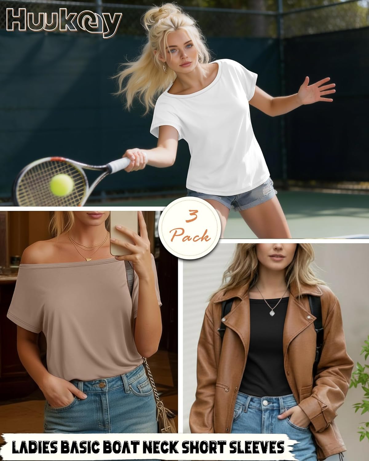 Huukeay 3 Pack Boat Neck Off The Shoulder Tops for Women, Short Sleeve Loose Shirts Causal Oversized Tunic Basic Tees - Image 2