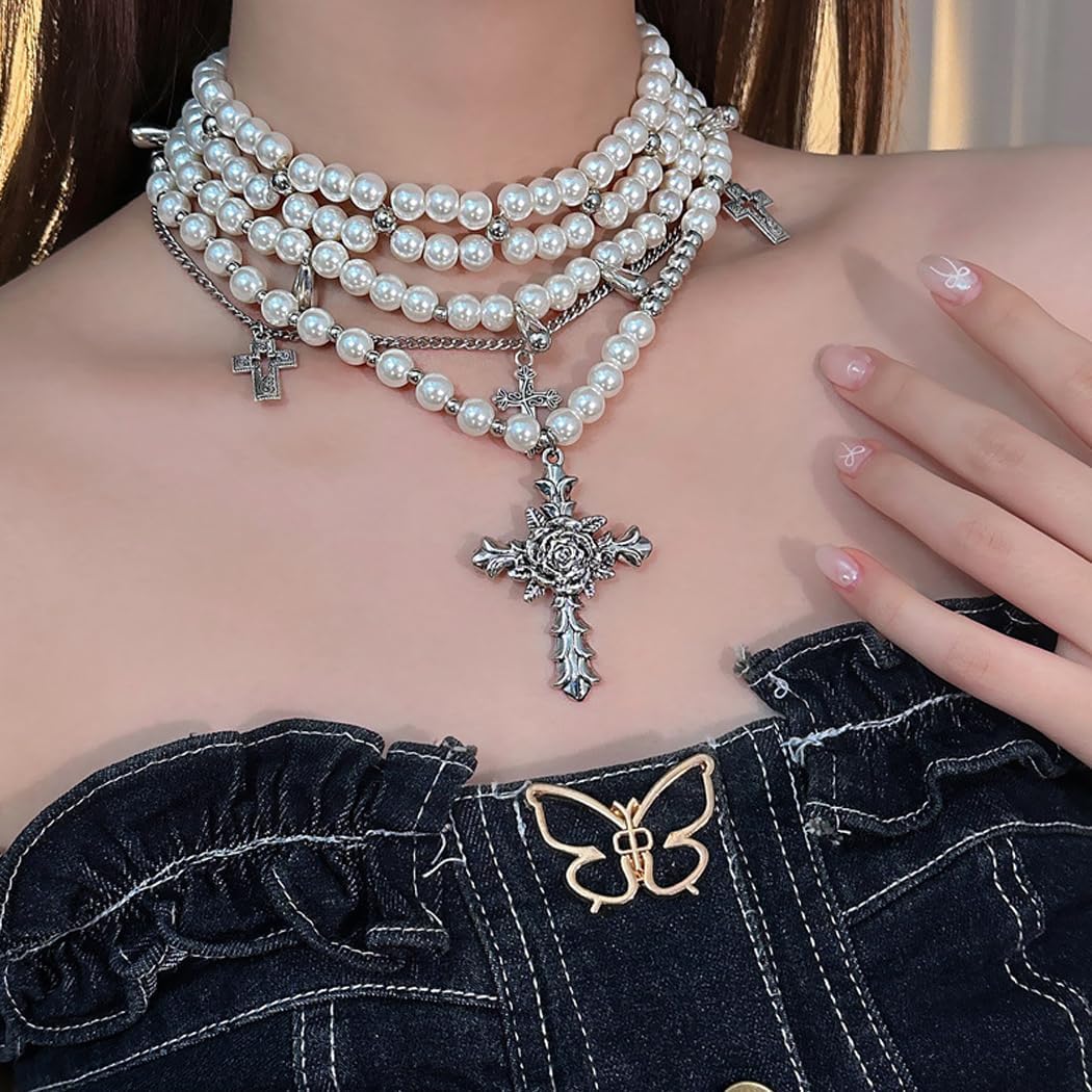 Layered Pearl Cross Choker Necklace Set for Women Gothic Stacked Statement Pearls Necklaces Adjustable Crucifix Pendant Necklaces Jewelry Gift - Image 4