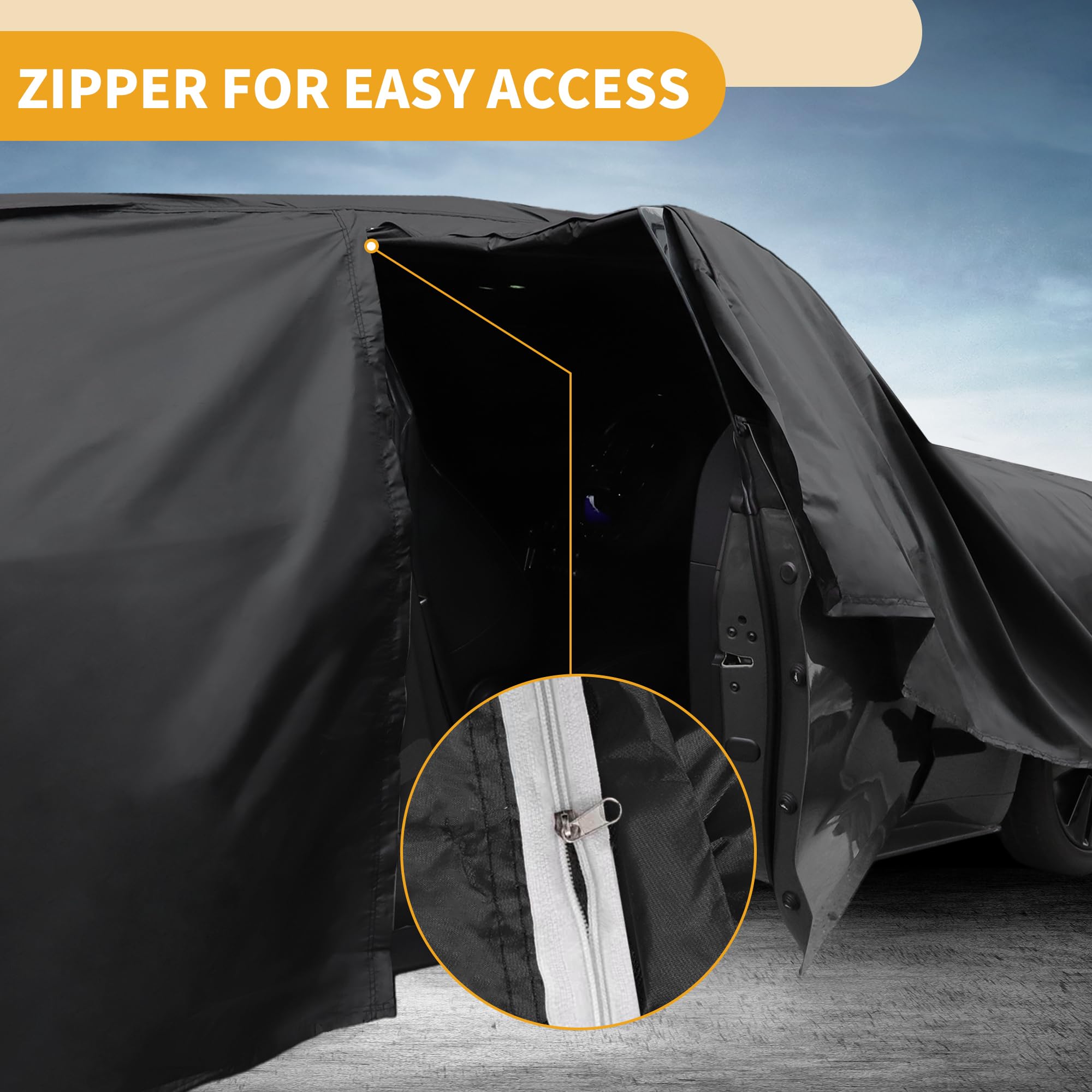 Partuto Waterproof All-Weather Universal Sedan Car Cover with Right Side Zipper Mirror Pocket 210D-PU Black Fits for Sedan — view 6