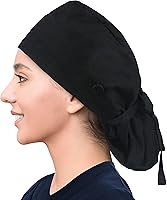 Vista 8 de Gorra médica con forro de satén con bolsillo para cola de caballo, gorro de enfermera médica de algodón con banda elástica para el sudor