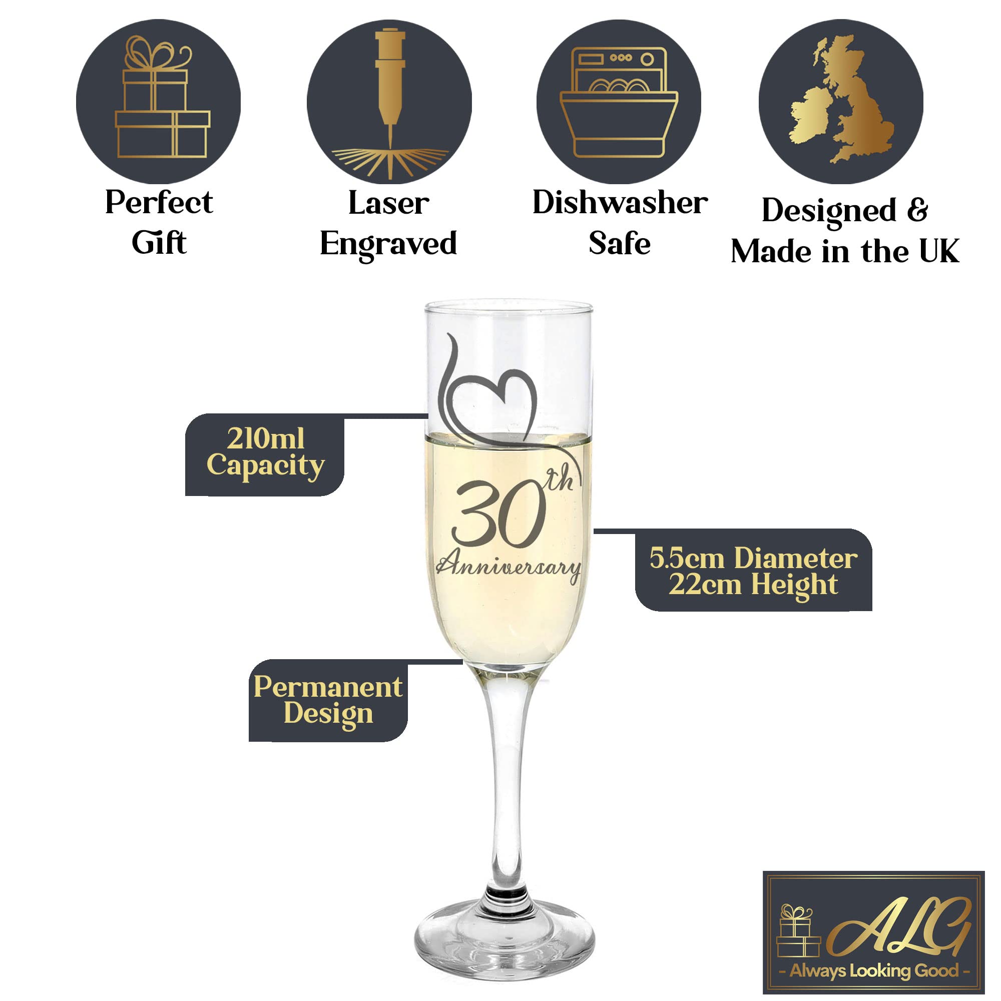 Always Looking Good 30th Wedding Anniversary Set of 2 Engraved Champagne Flute Glasses - Pearl Wedding (ALG) - Image 3