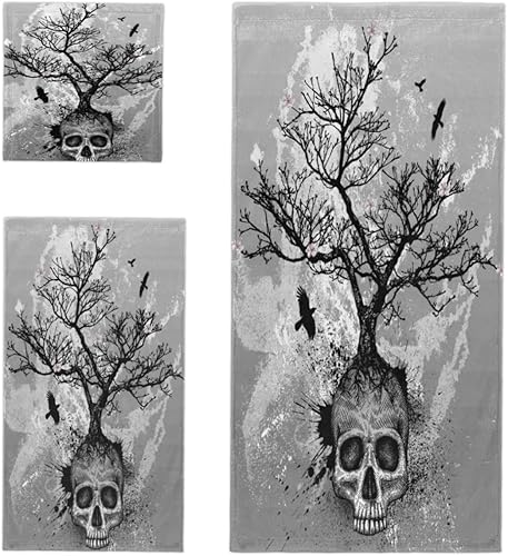 YoCosy Juego de toallas de baño de 3 piezas, juego de toallas de baño de algodón de secado rápido con diseño de calavera gótica gris, pájaro negro,