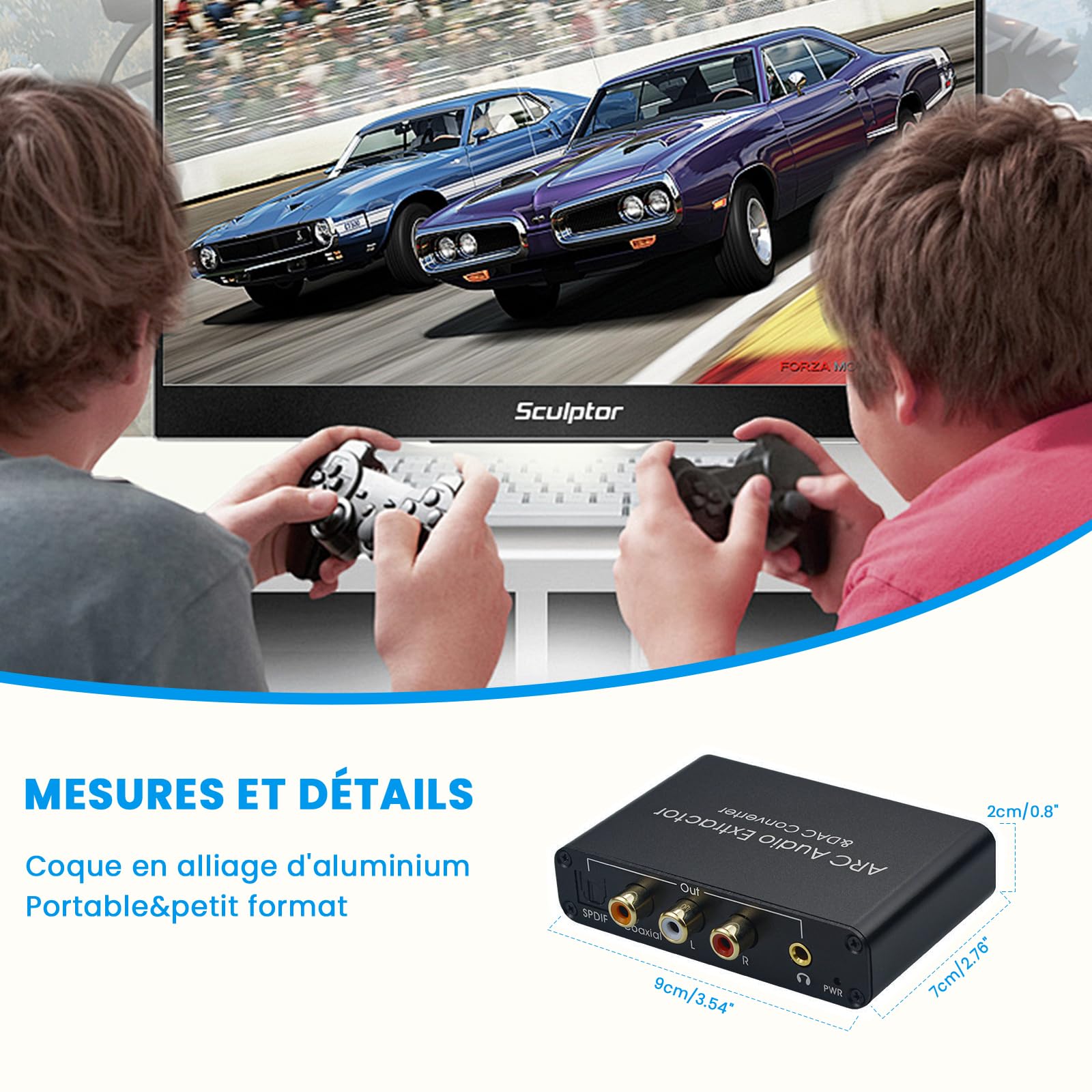 Extracteur Audio HDMI Arc, Convertisseur DAC 192 KHz numérique spdif optique toslink coaxial vers Analogique RCA L/R 3.5mm Jack et toslink，Volume CEC réglable, interrupteur optique