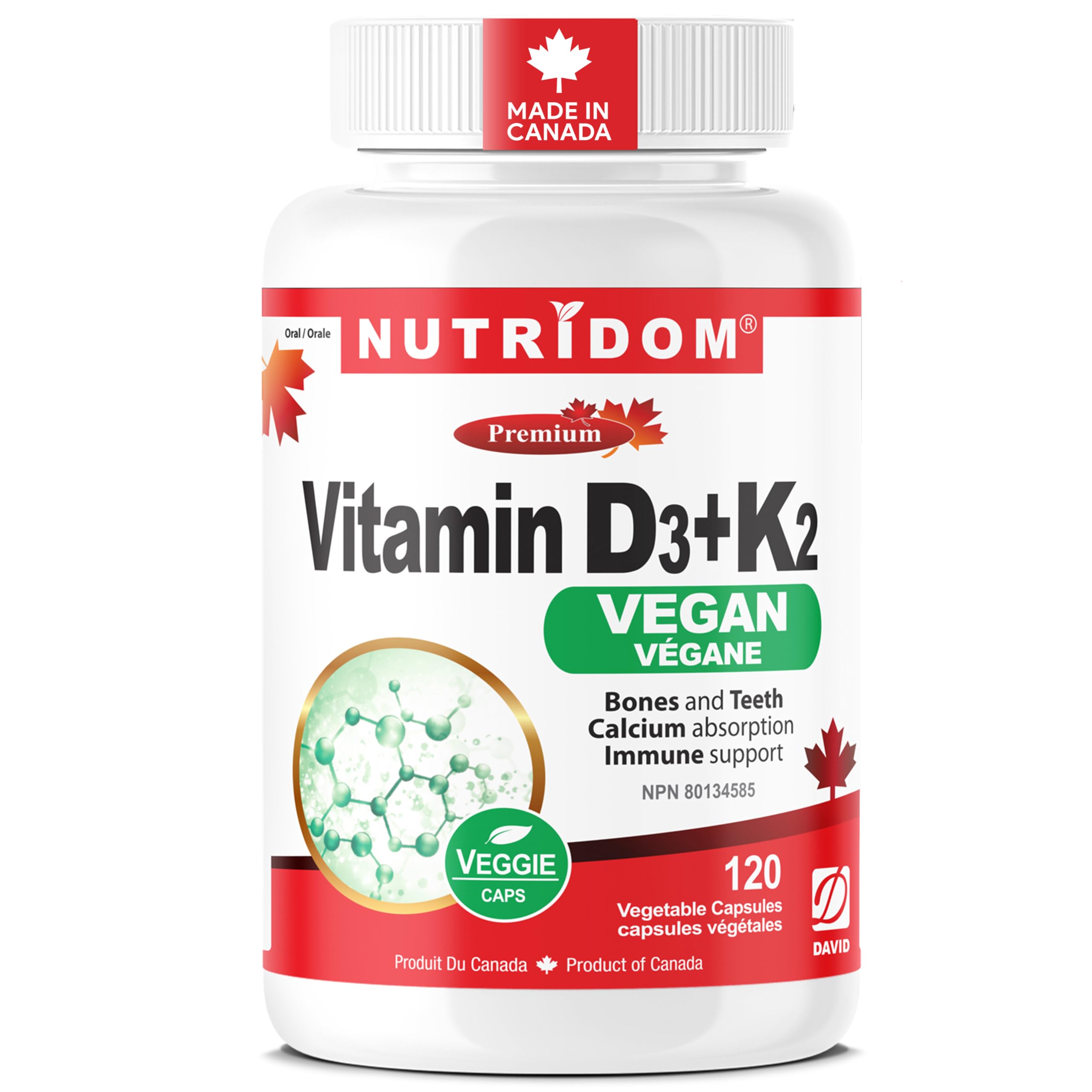 Nutridom Vitamin D3 1000 IU + K2 MK-7 120 mcg, Plant-Based from Lichen & Natto, Vegan, Non-GMO, Gluten-Free, Bone & Immune Support, 120 Veggie Capsules, Made in Canada