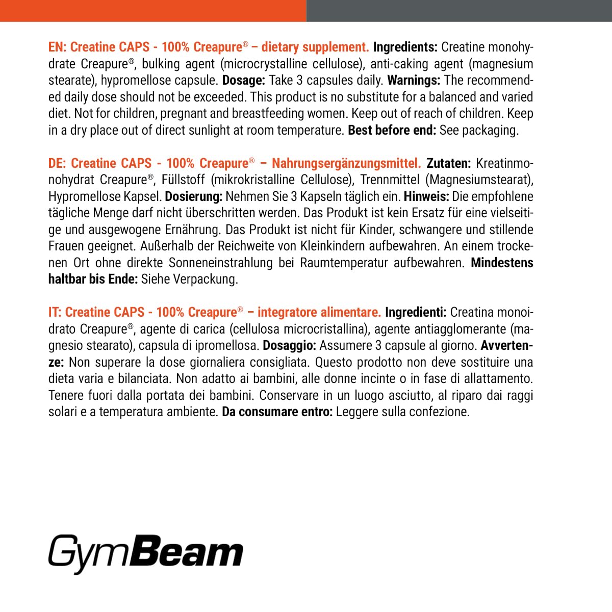 GymBeam Creatina Monoidrato Capsule - 100% Creapure®, per l'aumento delle prestazioni fisiche, adatta per uomini e donne, ideale per atleti di resistenza e sport di squadra