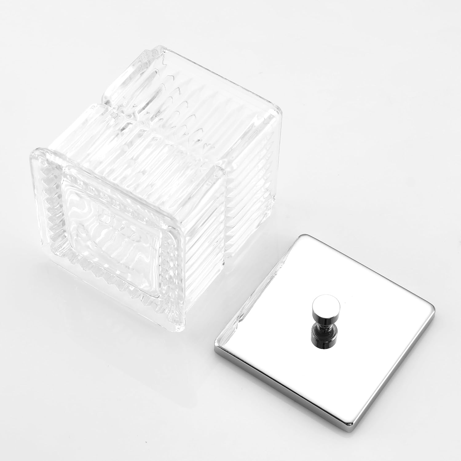Vince Camuto Home Glass Cotton Jar Holder – Silver Lid, Elegant Bathroom Storage Canister for Qtips, Cotton Balls, Floss, Makeup Organizer, Vanity & Bathroom Organization