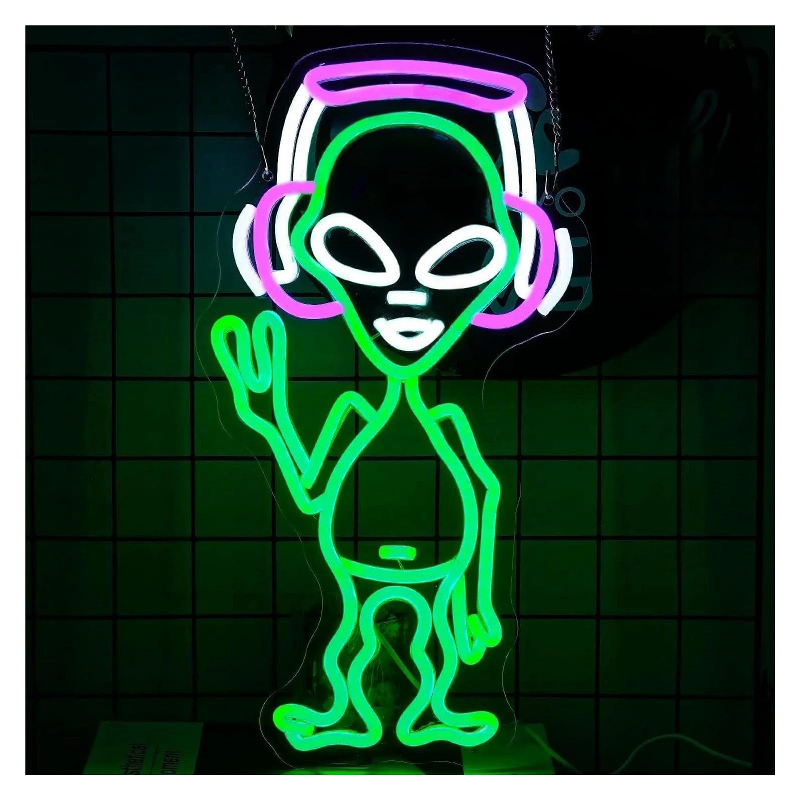 LEMST Signs Lamp Alien with Headphones Neon Sign Light Dimmable USB Powered for Game Room Studio Party Bar Music Club Wall Decor 23.2cmx43cm
