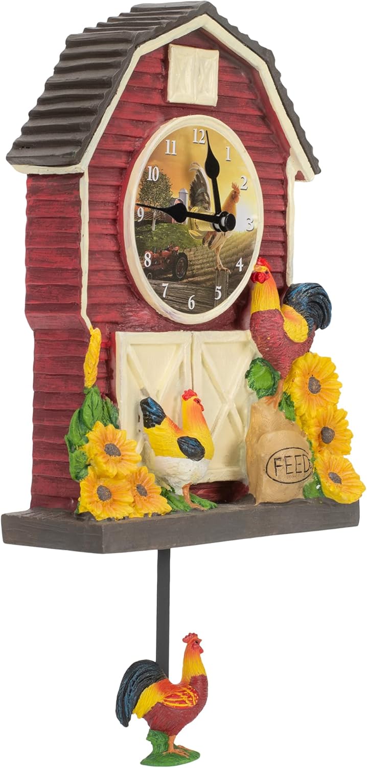 Mark Feldstein & Associates Farm Rooster Pendulum Rustic Floral 15 inch Resin Stone Wall and Tabletop Clock