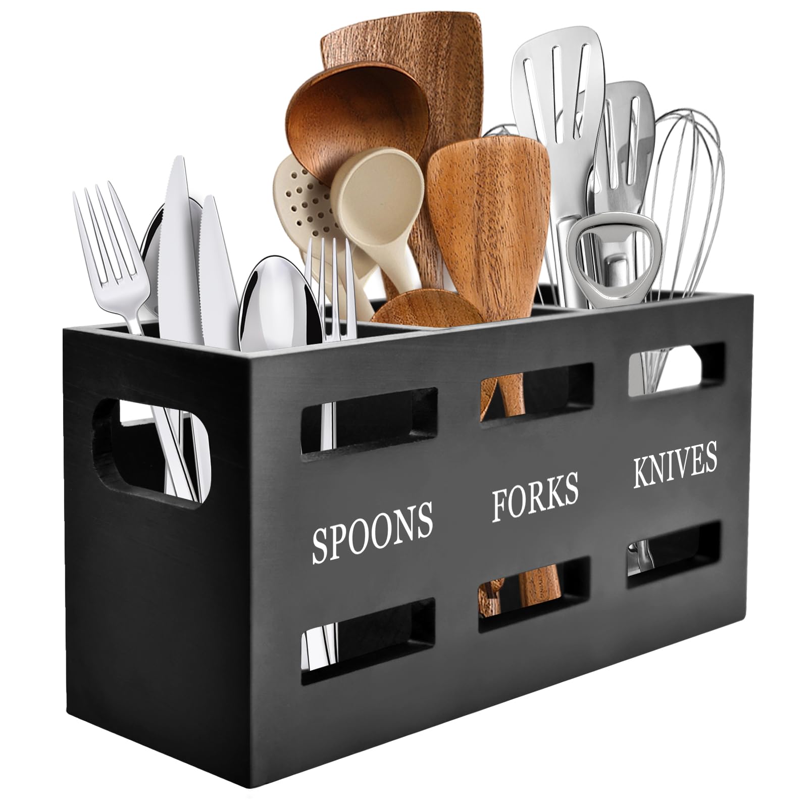 Portautensili da Cucina per Piano di Lavoro, Grande 3 Scomparti Porta Utensili Scolaposate in Legno, Organizer per Utensili Posate da Appoggio (Nero)