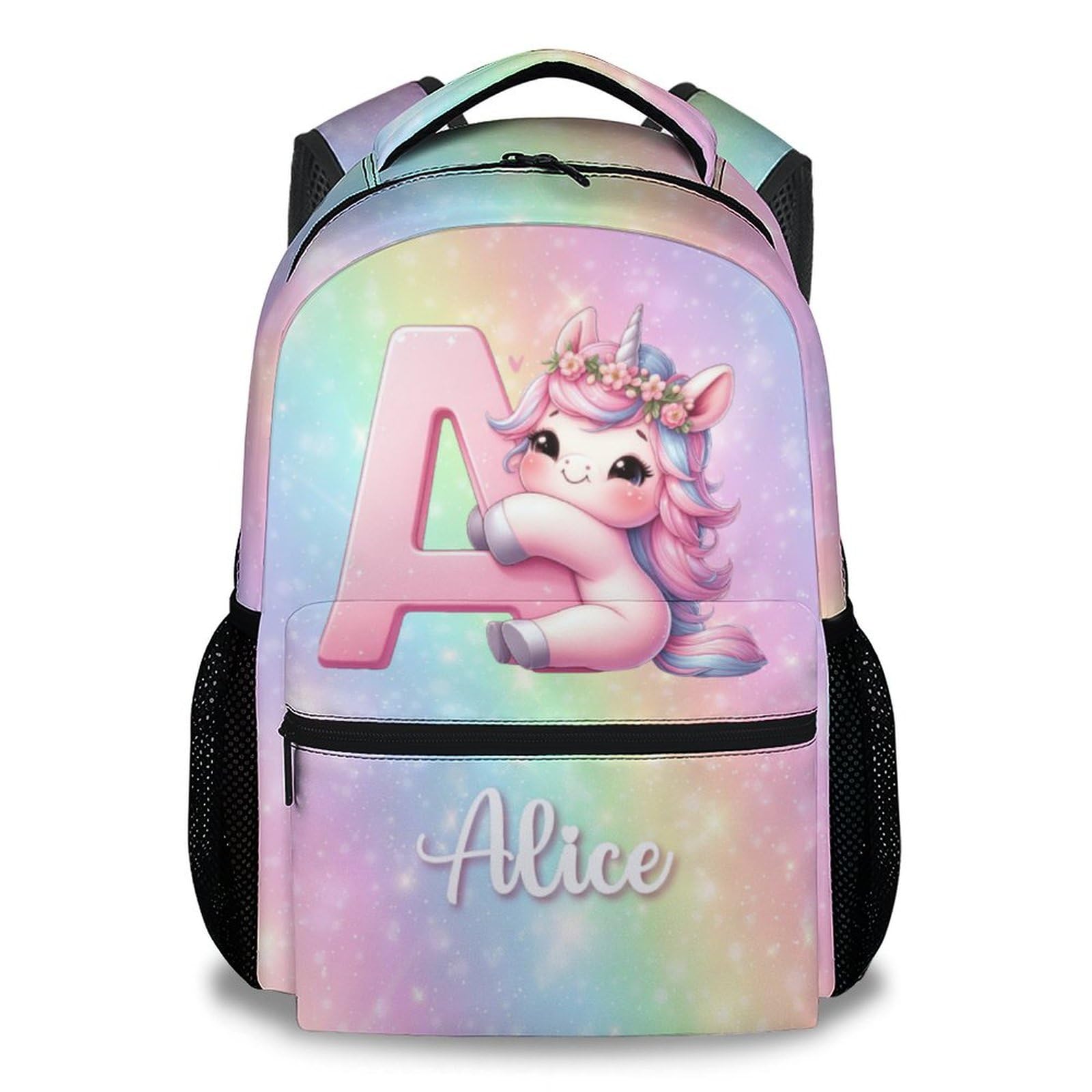 MEETUHONEY Custom Backpack for Girls, 17 Inch Initial Backpacks for Unicorn Lovers, Personalized Monogram Bookbag for Kindergarten
