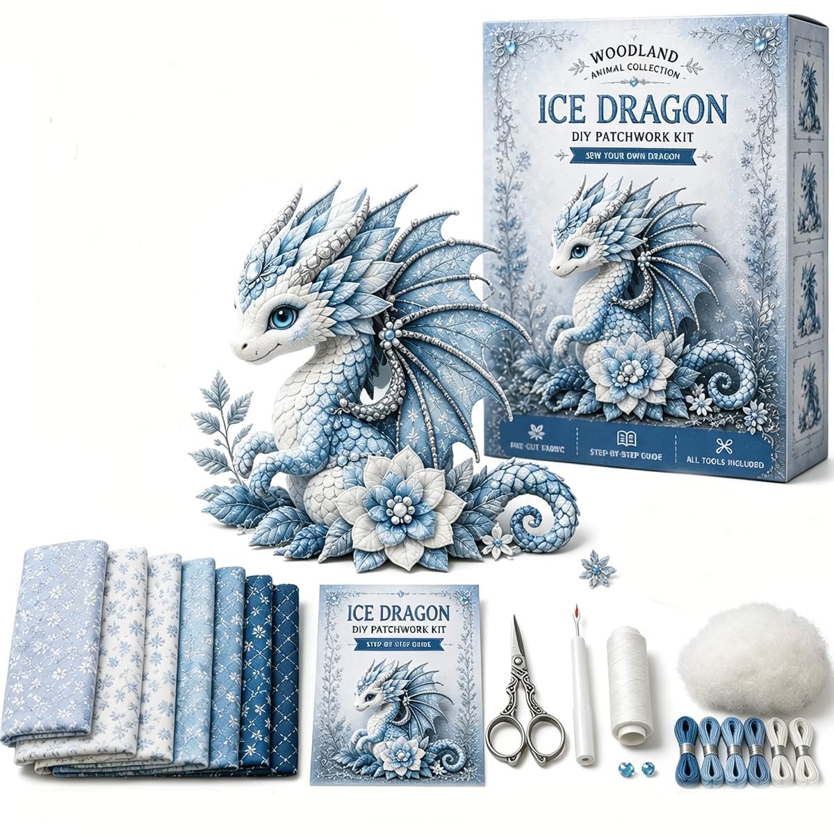 Dragon Sprite Kit de couture pour patchwork à faire soi-même, ensemble de bricolage en peluche dragon fantaisie avec tissu prédécoupé et accessoires, kit de patchwork animal pour débutants, cadeau