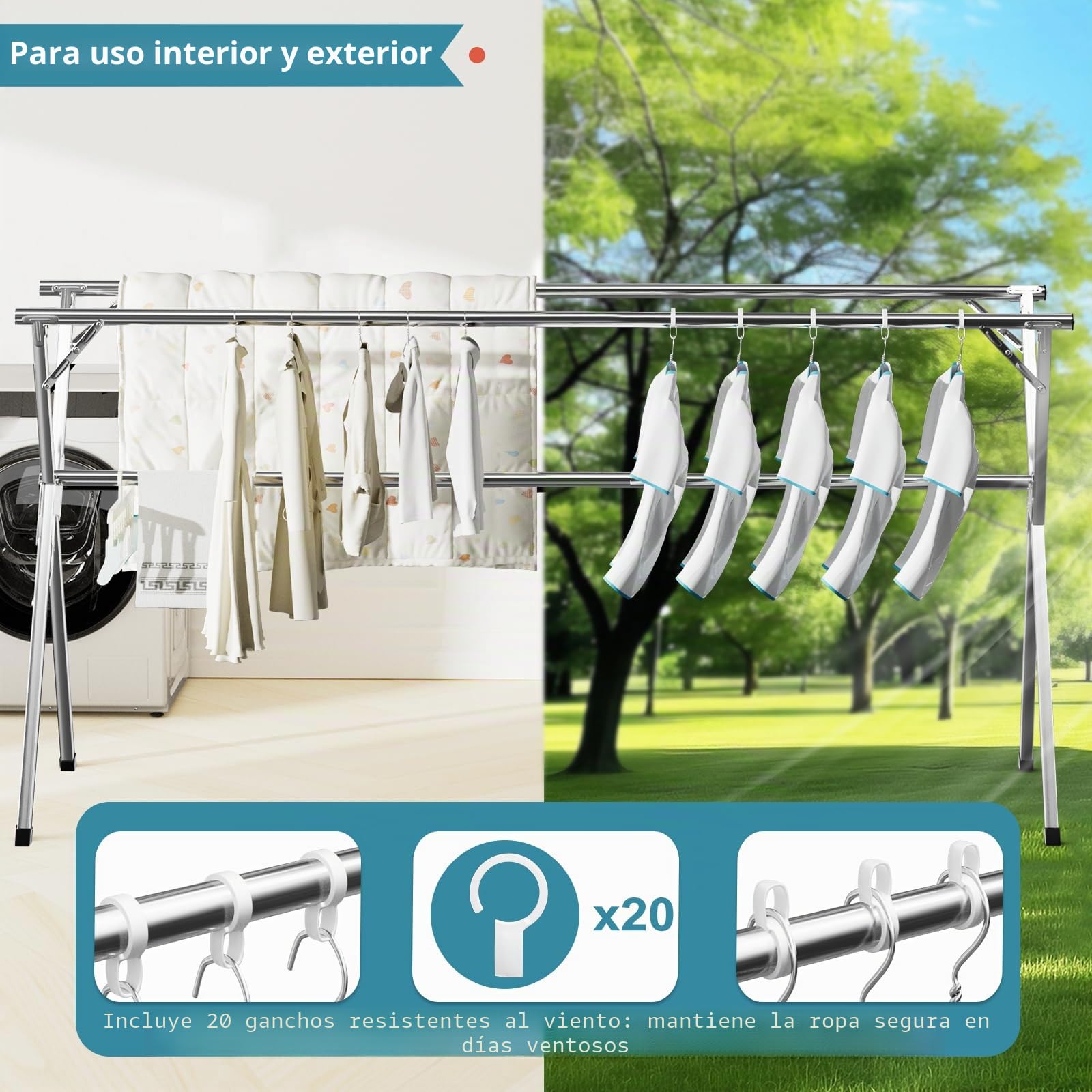 JAUREE Tendedero de ropa de 95 pulgadas, estante de secado plegable para interiores y exteriores, estante de lavandería de acero inoxidable resistente, plegable, portátil, grande, con 20 ganchos