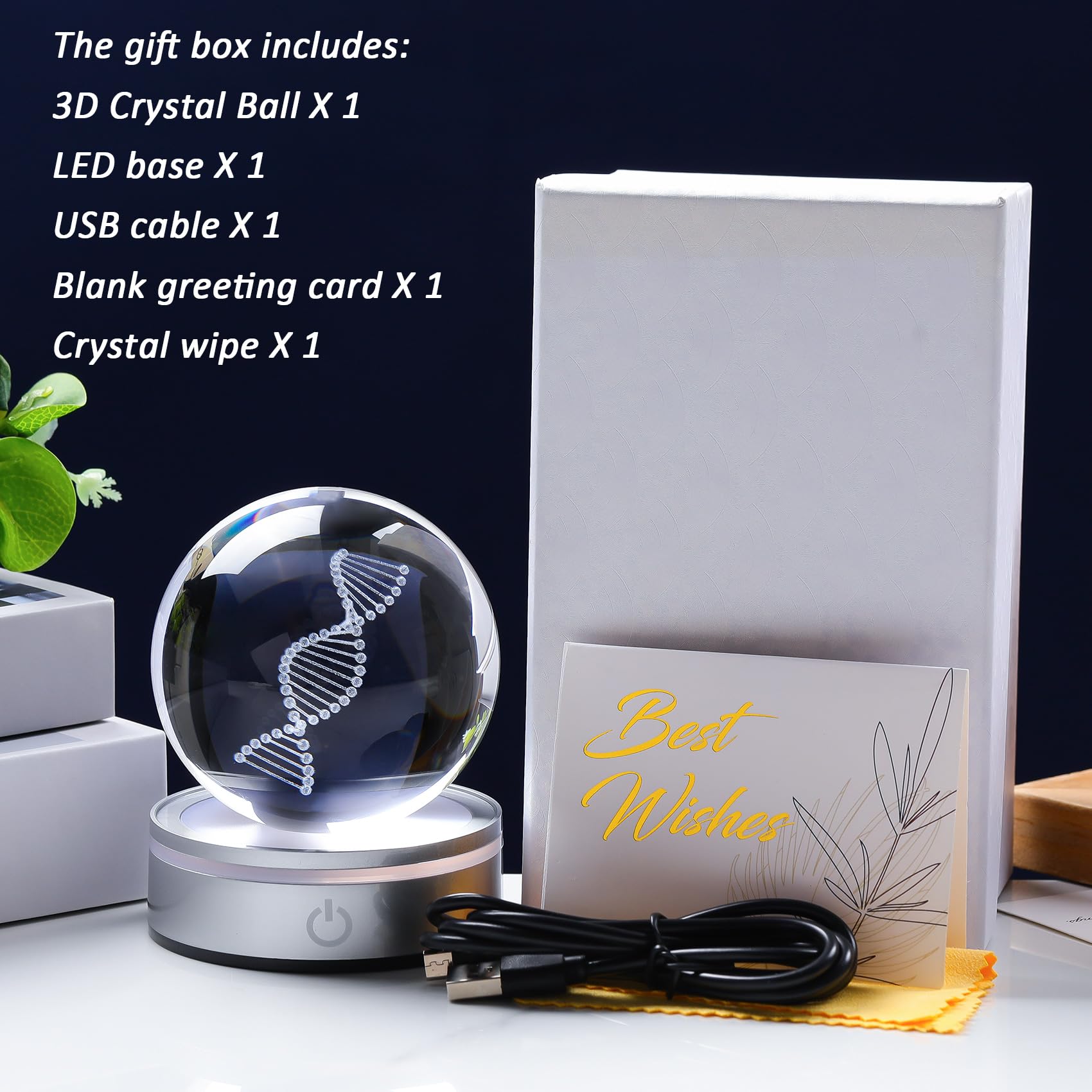 Sfera di cristallo DNA con base a LED, decorazione scientifica unica con incisione laser 3D, regalo per insegnanti di biologia, studenti di medicina e amanti della scienza, luce notturna