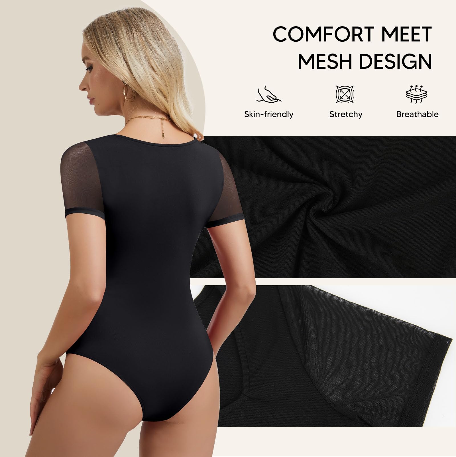 Joyshaper Body pour femme, manches courtes, col carré, string en maille, t-shirt élégant, haut d'été