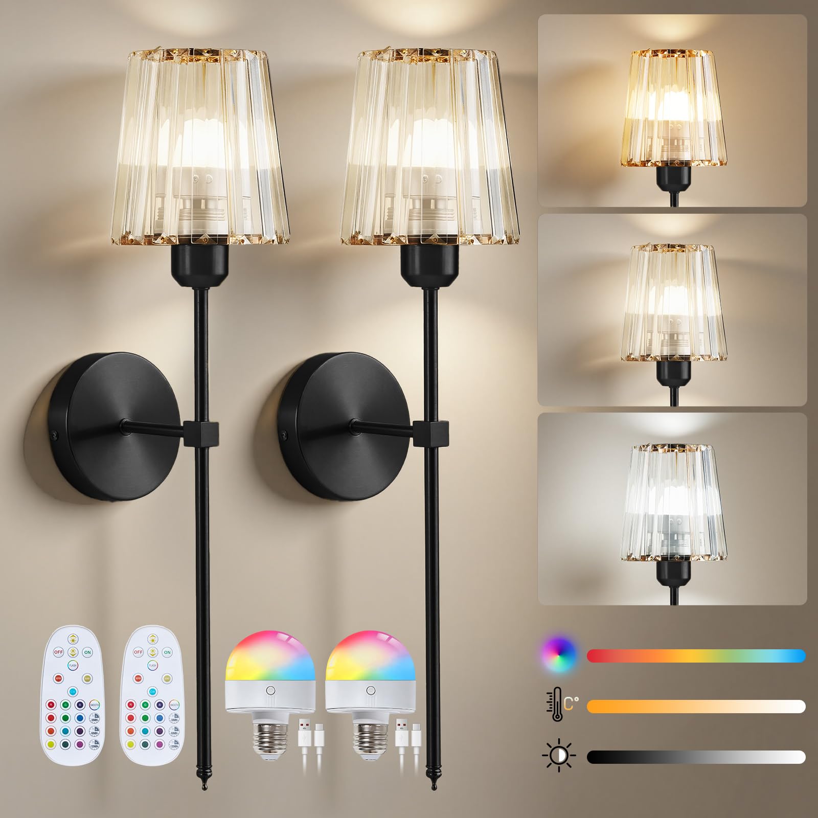 Warmiehomy Battery Operated Wall Lights Set of 2, Rechargeable Wireless Wall Sconces with Remote & Magnetic Bulb, 12 RGB Colors & 3 Color Temperature, Dimmable Cordless Wall Light for Indoor, Black