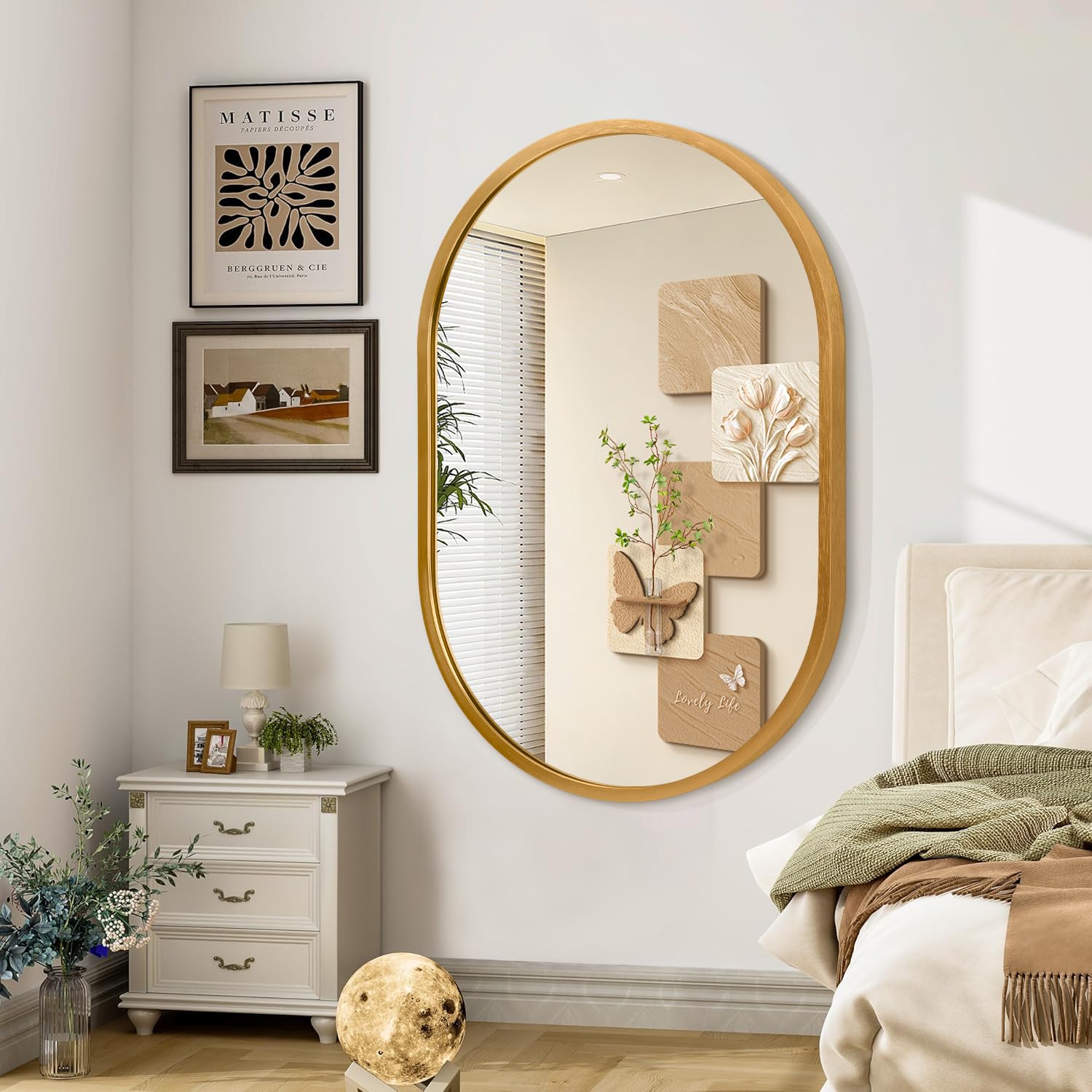 JJUUYOU Oval Bathroom Wall Mirror Metal Frame Mirrors for Wall Mounted 90ร60 CM Large Gold Aluminum Alloy Mirror Decorative for Living Room Bedroom Entryway Halls Vertical Hanging Mirrors