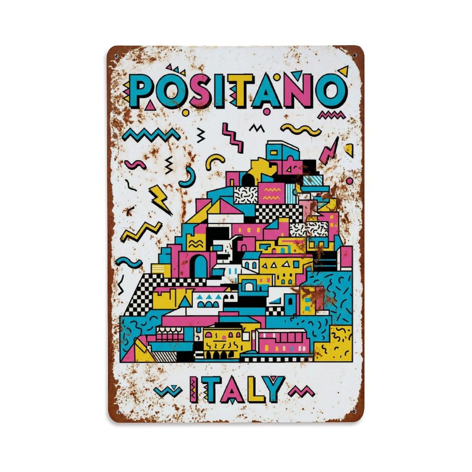 Vintage Travel Positano Italy Turquoise Metal Tin Sign