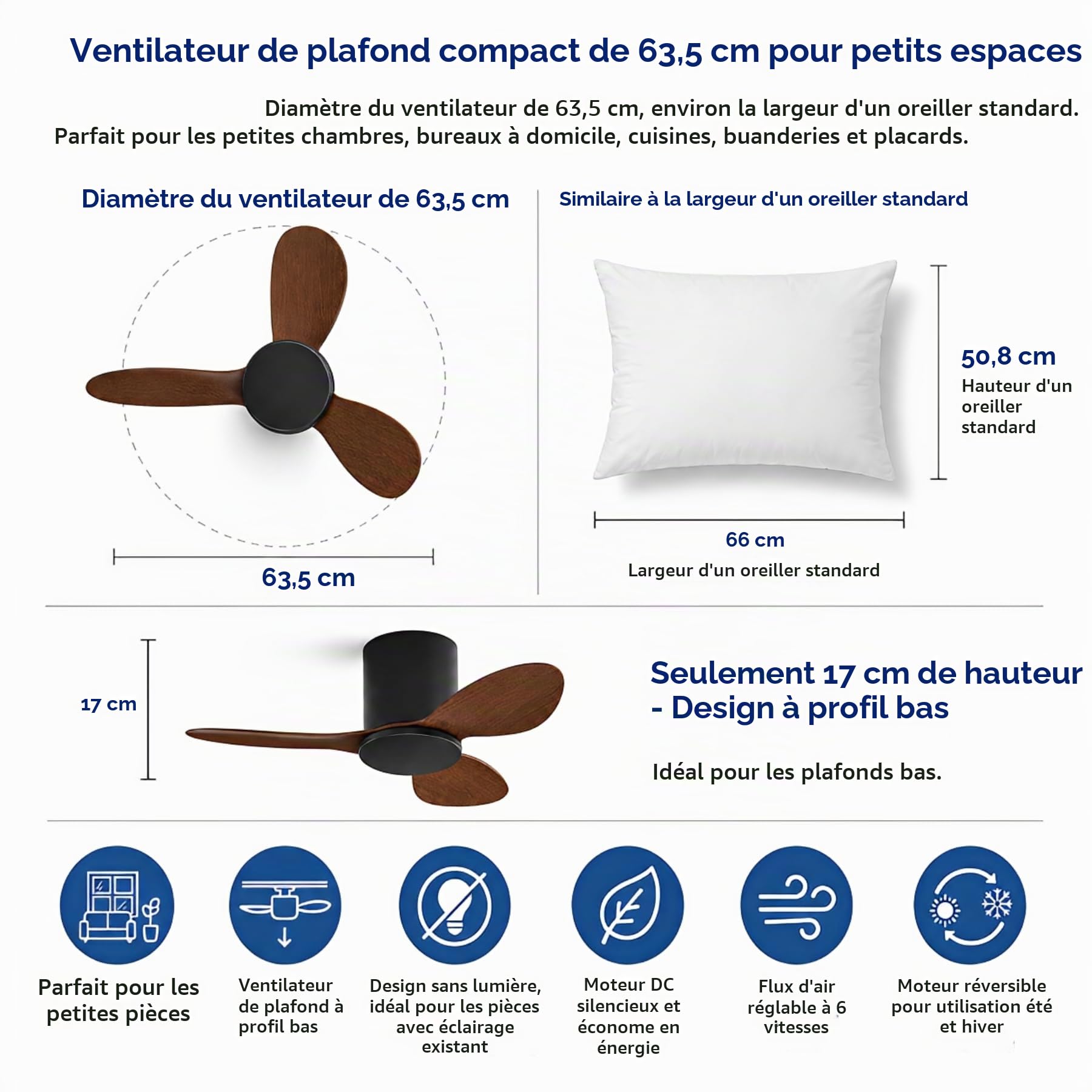 Ventilateur de plafond encastré sans lumière Petit ventilateur de plafond moderne avec télécommande Ventilateur de plafond à 6 vitesses sans lumière pour restaurant Chambre à coucher