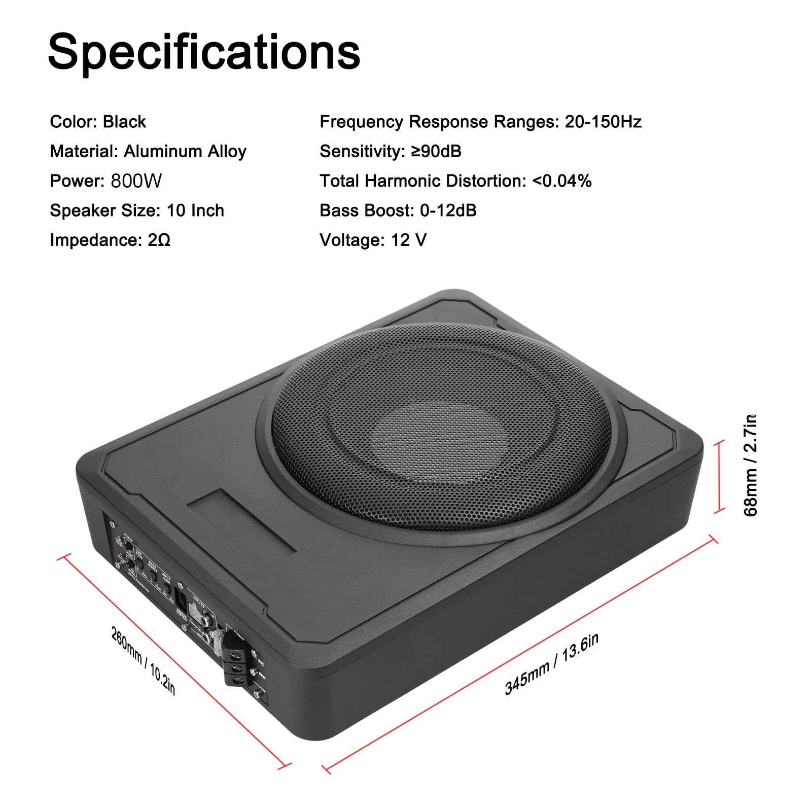 10-calowy Głośnik Niskotonowy o Mocy 800 W ze Stopu Aluminium ze Wzmacniaczami i Efektem Dźwiękowym 360°, łatwy W Montażu Subwoofer Pod Siedzeniem do Samochodu Ciężarowego, łodzi Morskiej