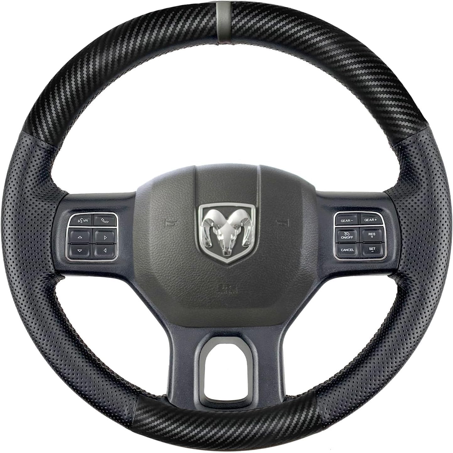 Hand Stitch Steering Wheel Cover | Customized Fit for Dodge Ram 1500/2500/3500/4500/5500 2013-2019 Anti-Slip Breathable Carbon Fiber and Side Perforated Leather Heavy Duty -Black