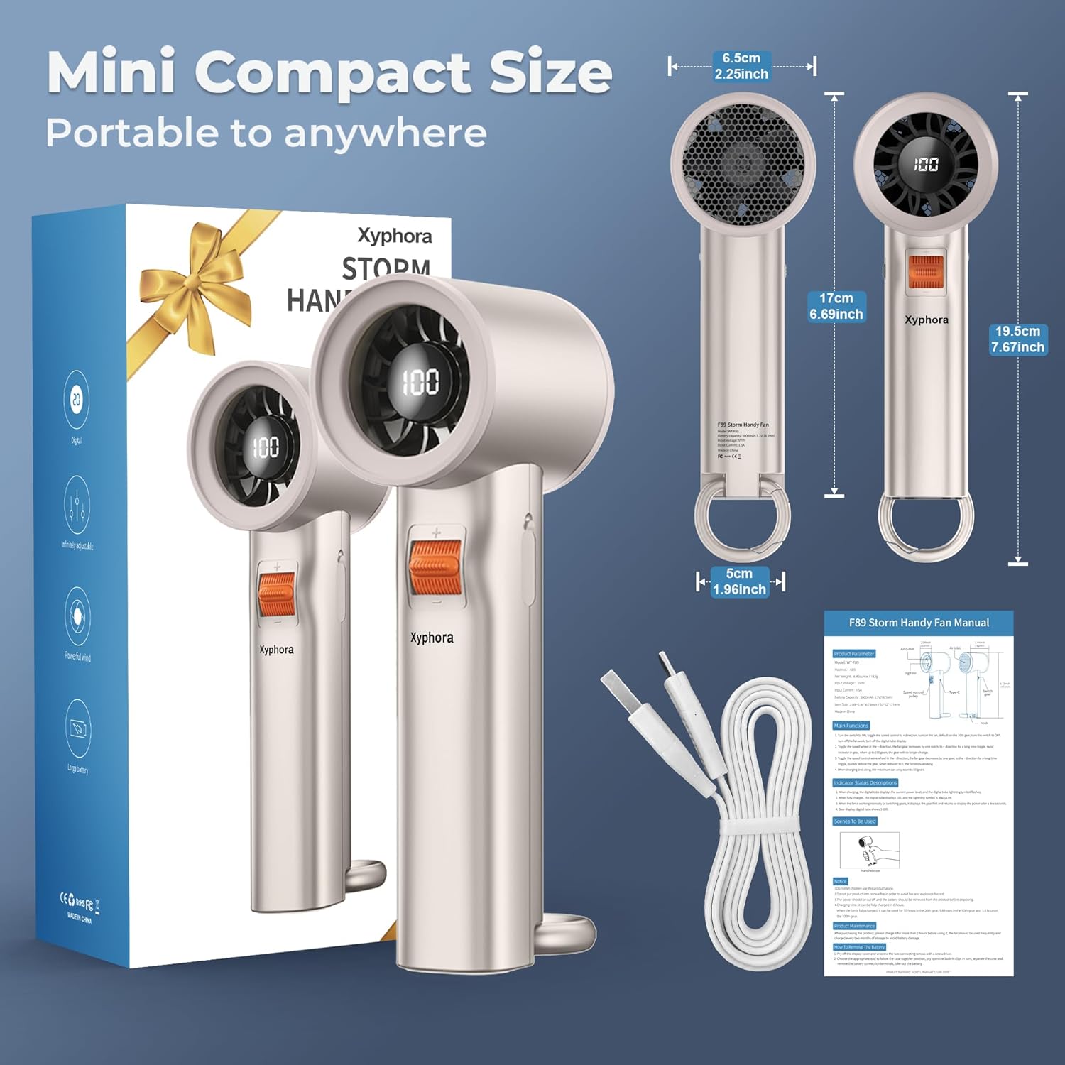 Portable Handheld Turbo Fan for Outdoor - 5000mah Mini Handheld Personal Pocket Fan for Powerful Airflow Wind - 20Hrs,100 Speeds Adjustable - Digital Display,Gifts for Travel,Outdoor Activites,Camping