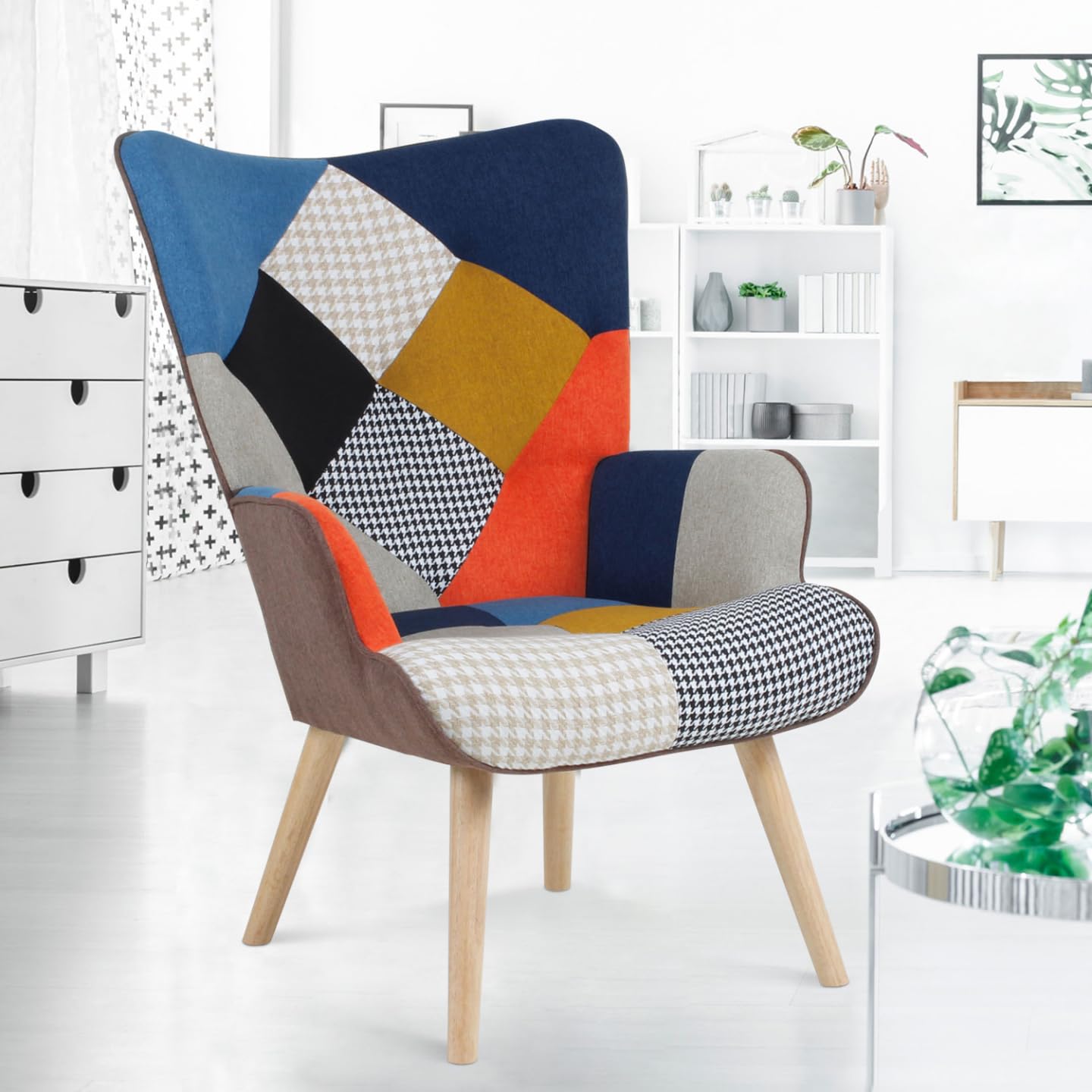 Fauteuil Scandinave Ivar Avec Repose-Pieds - Tissu Patchwork, Bois Clair | Salon Et Chambre
