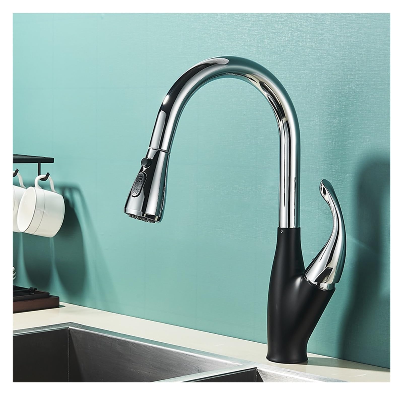 Mitigeur de cuisine noir extractible rotatif à 360° eau chaude et froide